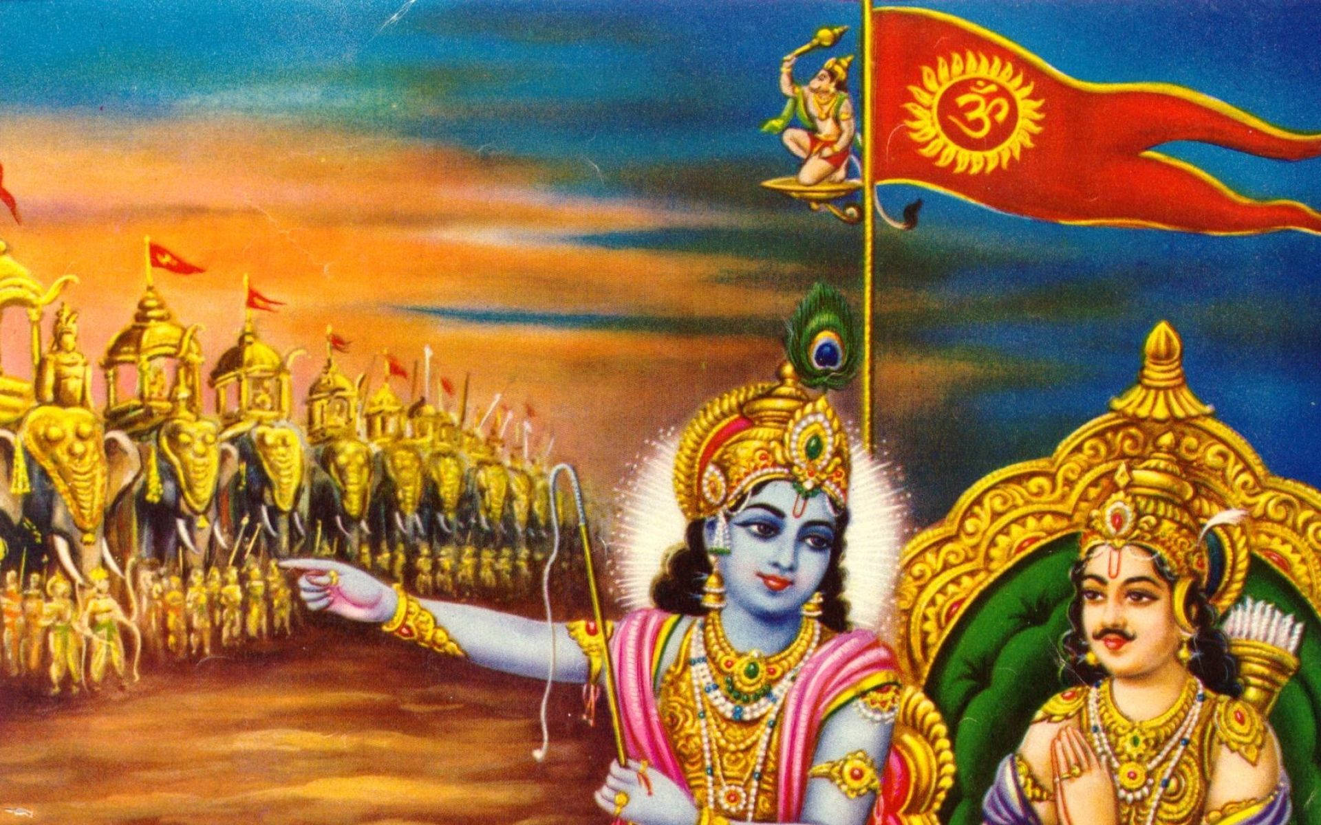 Download Krishna Arjun Kurukshetra War Flag Wallpaper 
