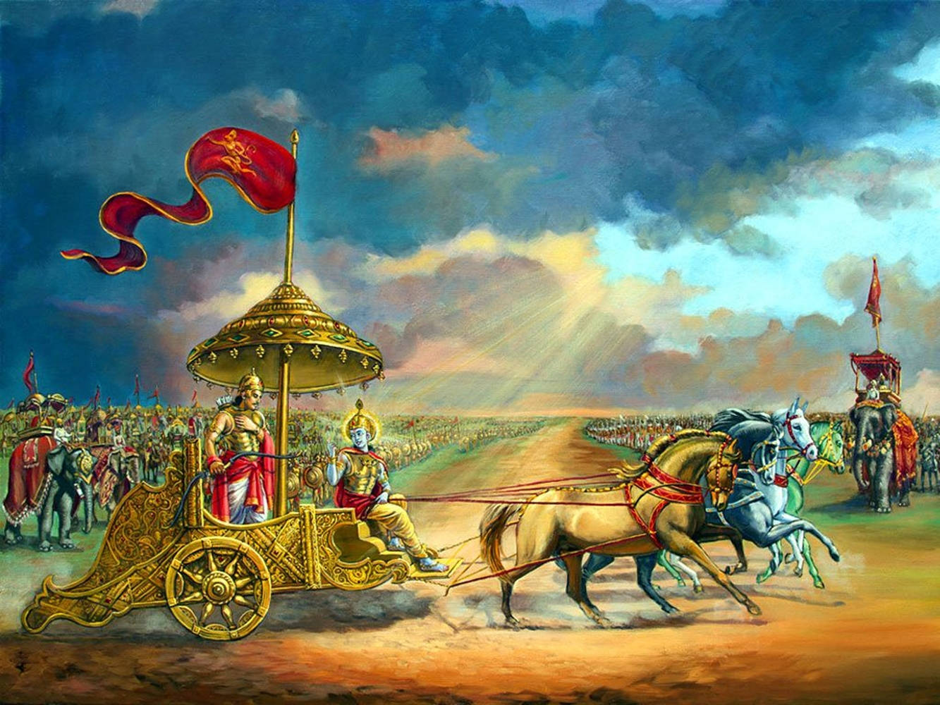 Download Krishna Arjun Leading The Kurukshetra War Wallpaper | Wallpapers .com