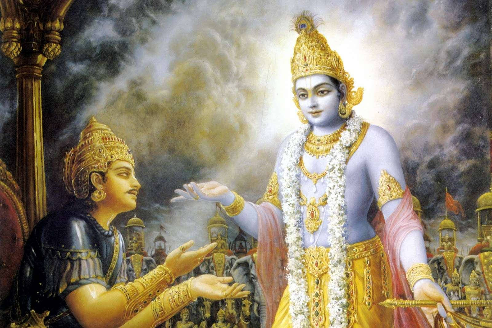 Divine Discourse - Lord Krishna Guiding Arjuna In The Epic Mahabharata Wallpaper