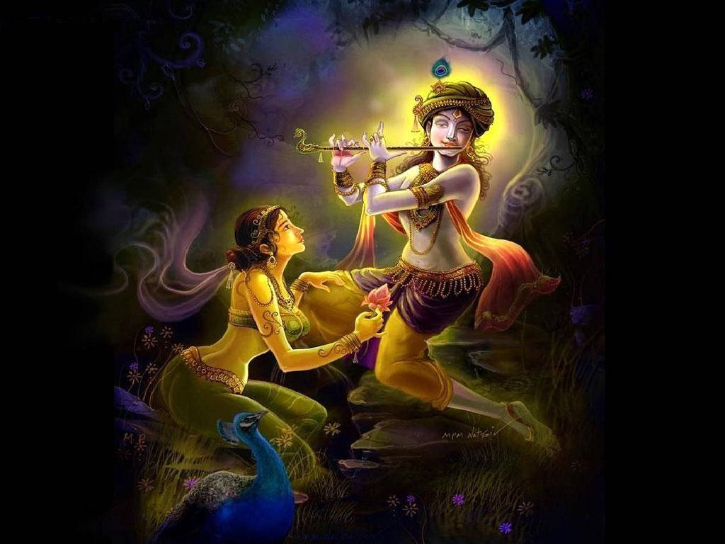 Download Krishna Bhagwan Playing Flute For Radha In Forest Wallpaper |  