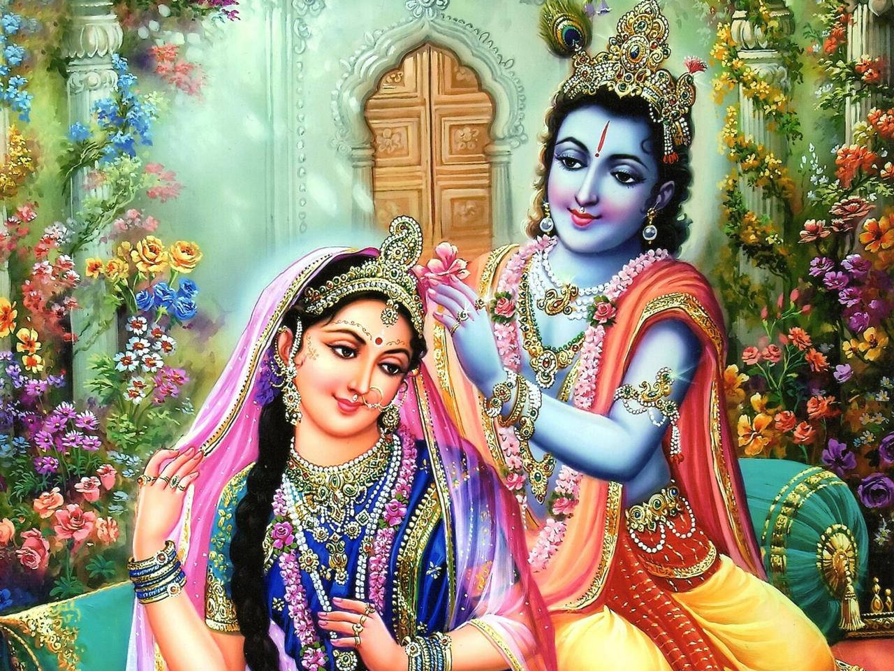 Krishnabhagwan Lägger Blomma På Radhas Hår (krishna Bhagwan Placing A Flower On Radha's Hair) Wallpaper