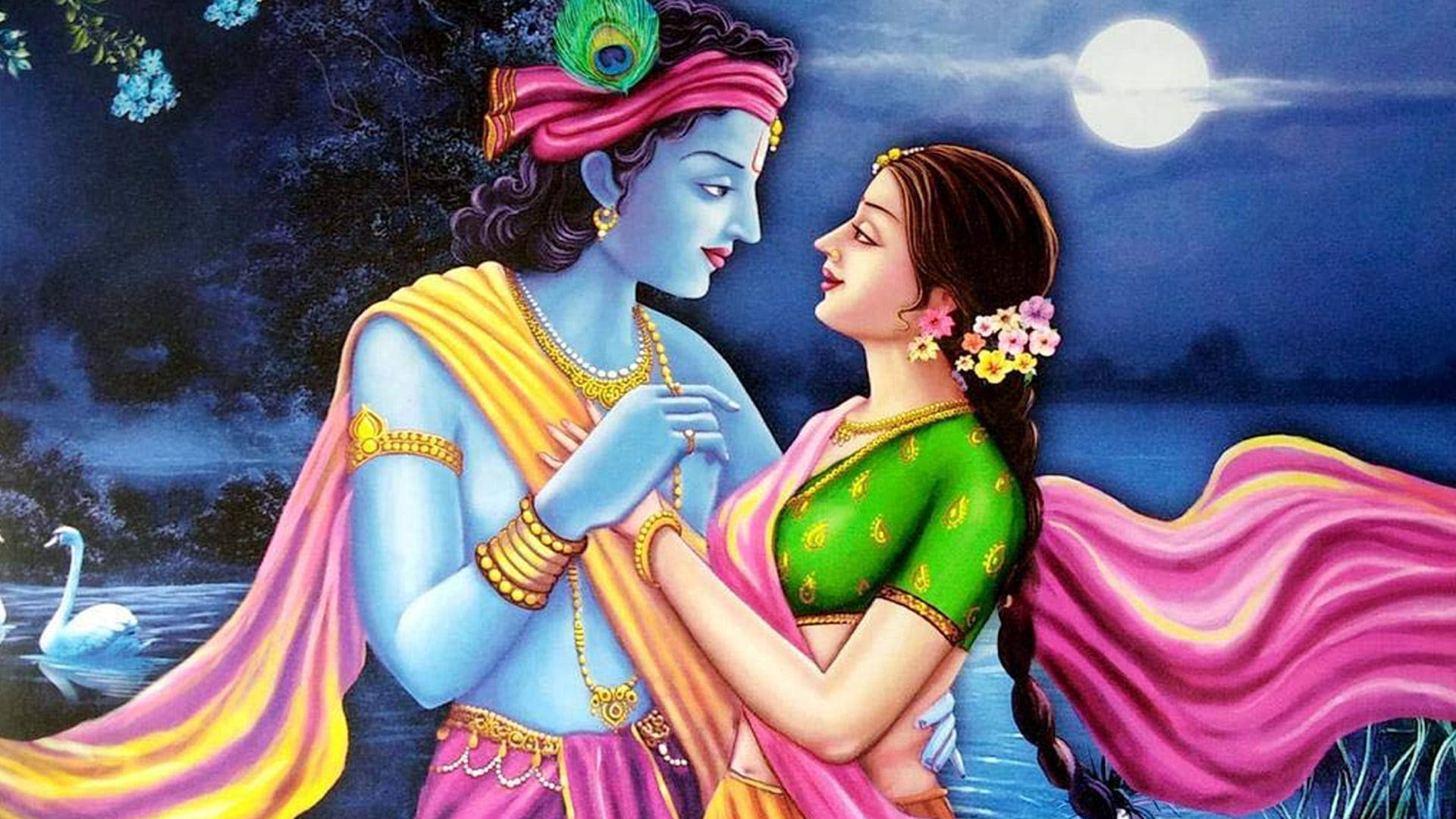 Krishna God 3d And Radha Moonlit Wallpaper
