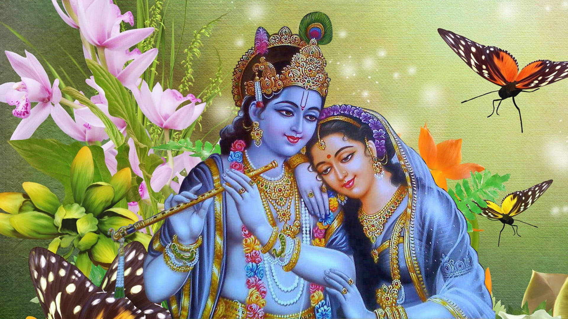 Krishna God 3d Flowers And Butterflies Wallpaper