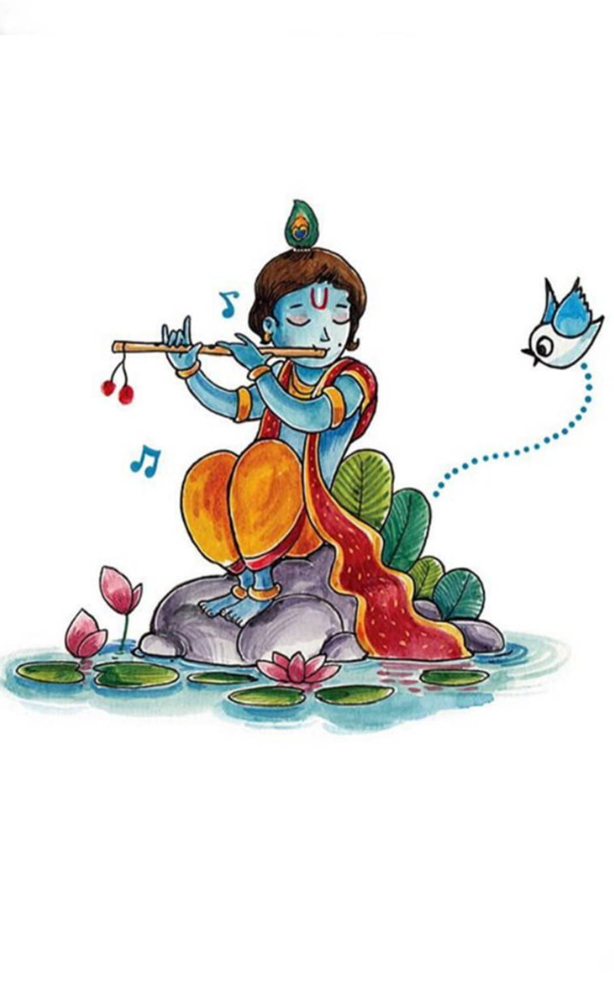 Krishna Illustration With Flute Wallpaper