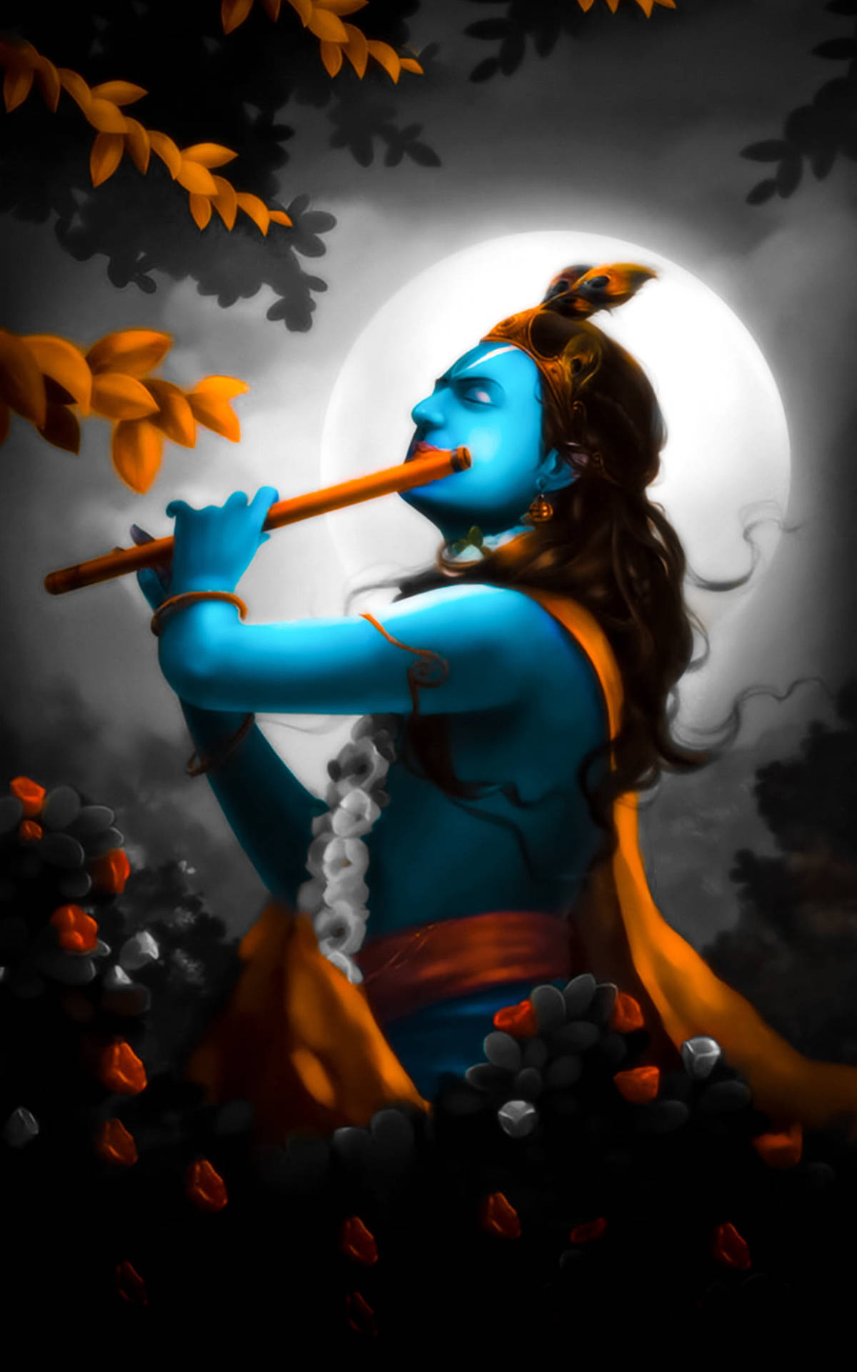 Krishna Al Chiaro Di Luna Con Flauto Sfondo