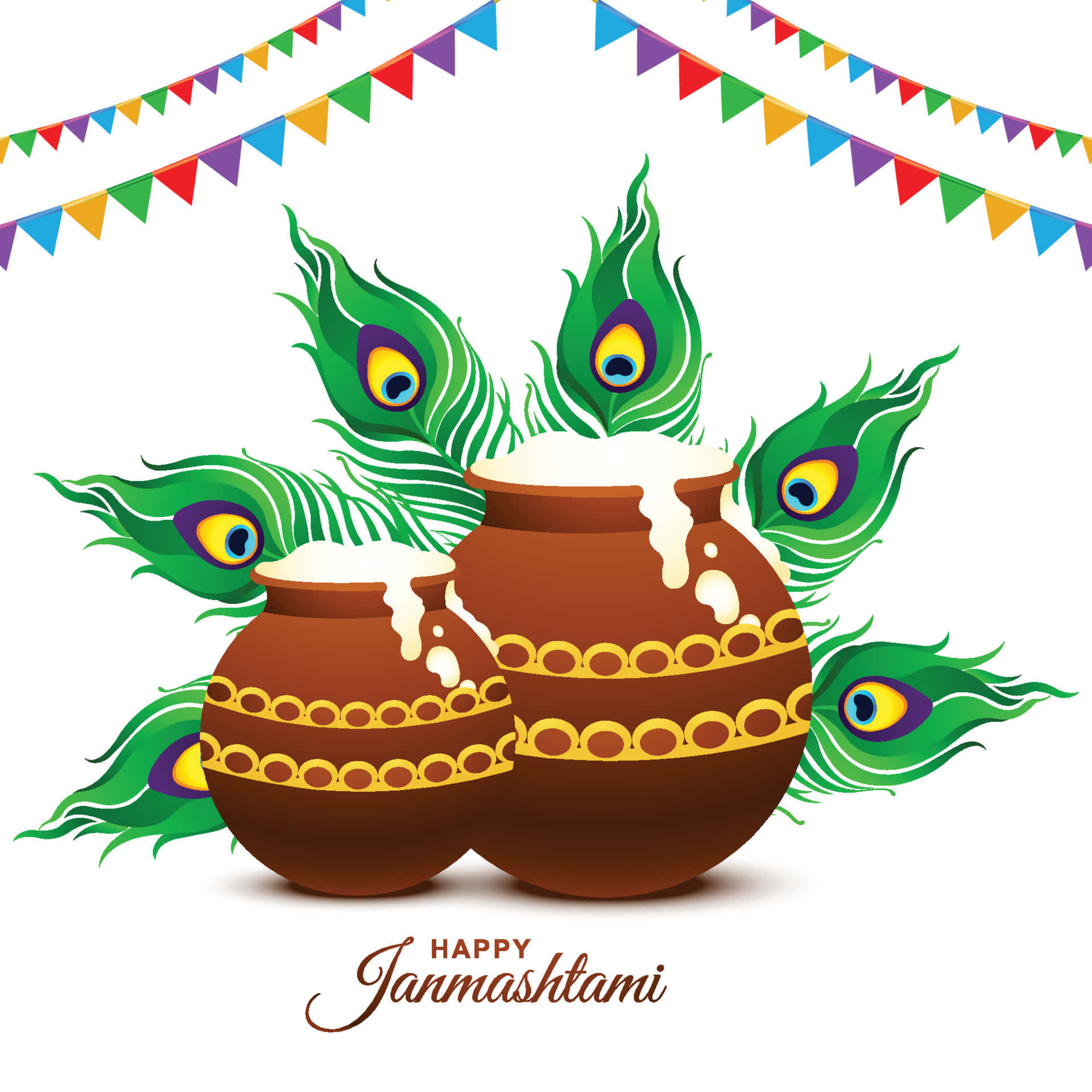 Happy Janmashtami Greetings With Peacock Feathers And A Pot