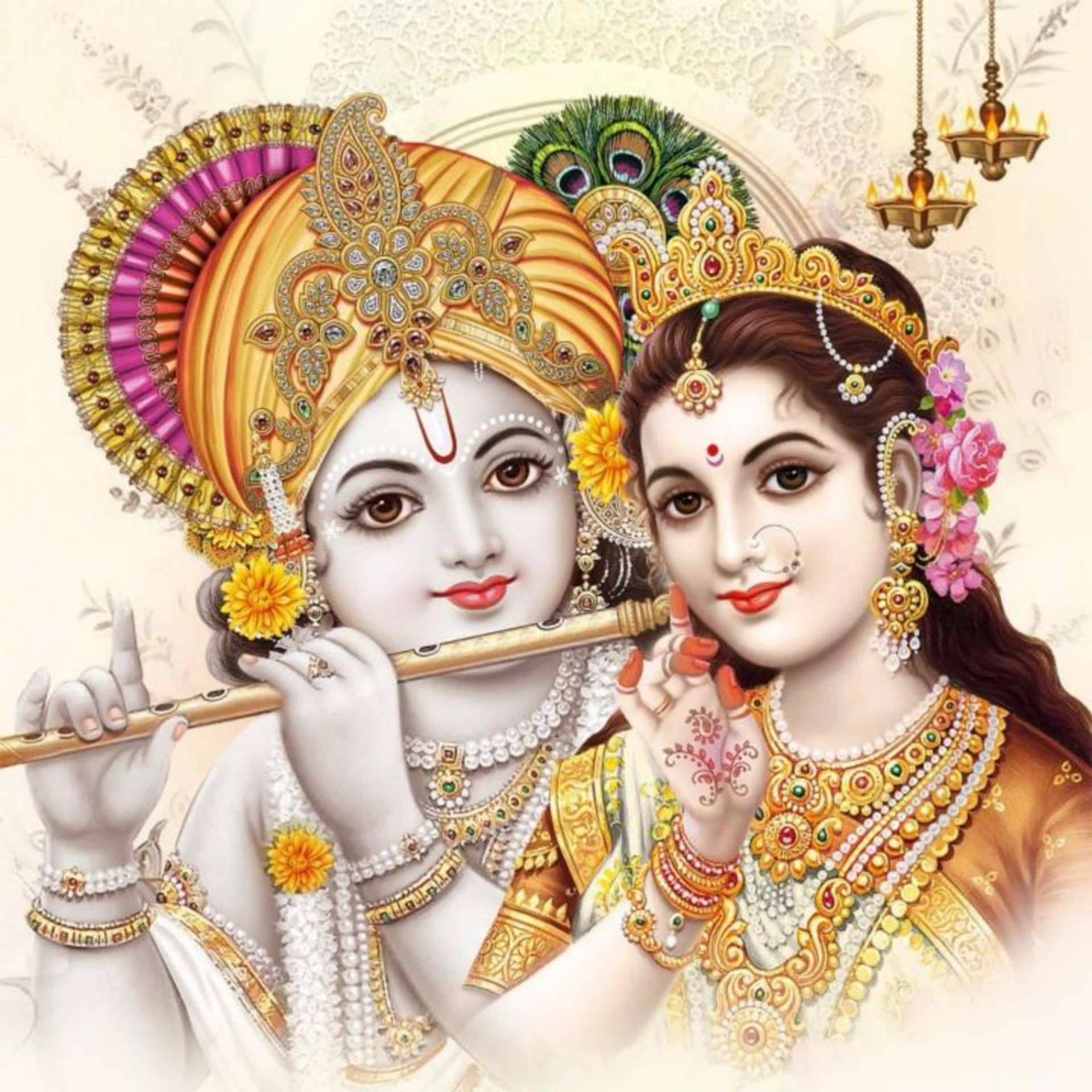 Krishna Ji And Radha In Gold Ensembles Background