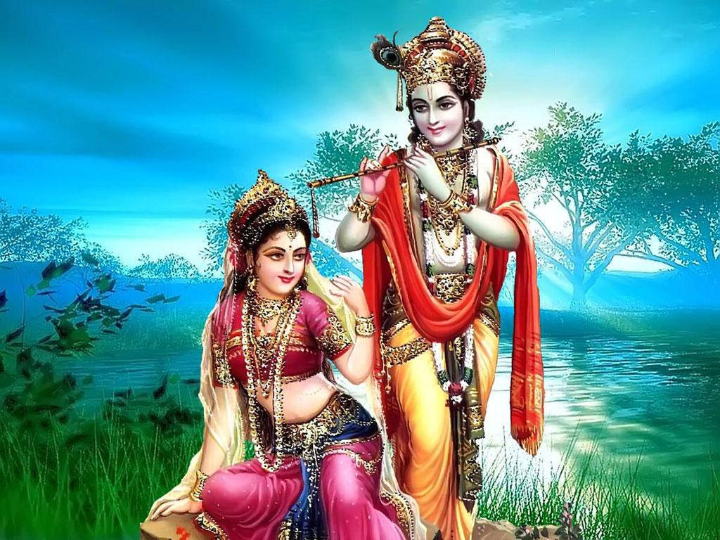 Krishna Ji And Radha Near Lake Wallpaper