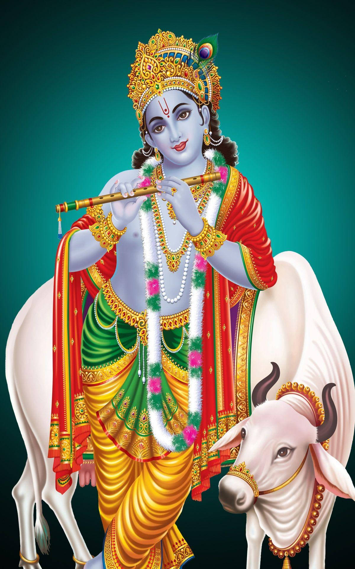 Download Krishna Ji Leaning On Cow Wallpaper 