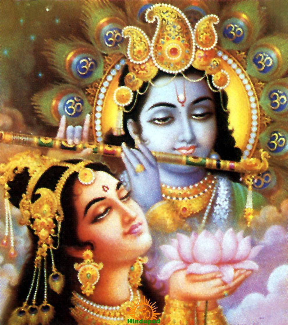 Krishnaji Tocando La Flauta Con Radha Fondo de pantalla