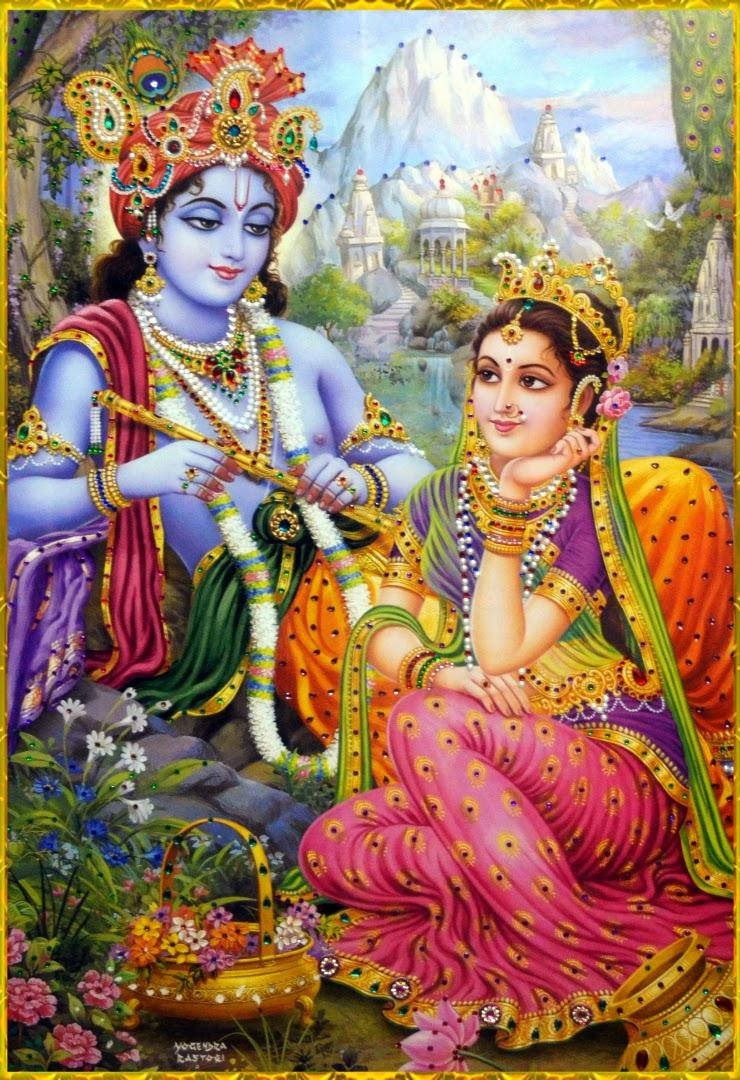 Krishna Phone In Garden With Radha Wallpaper