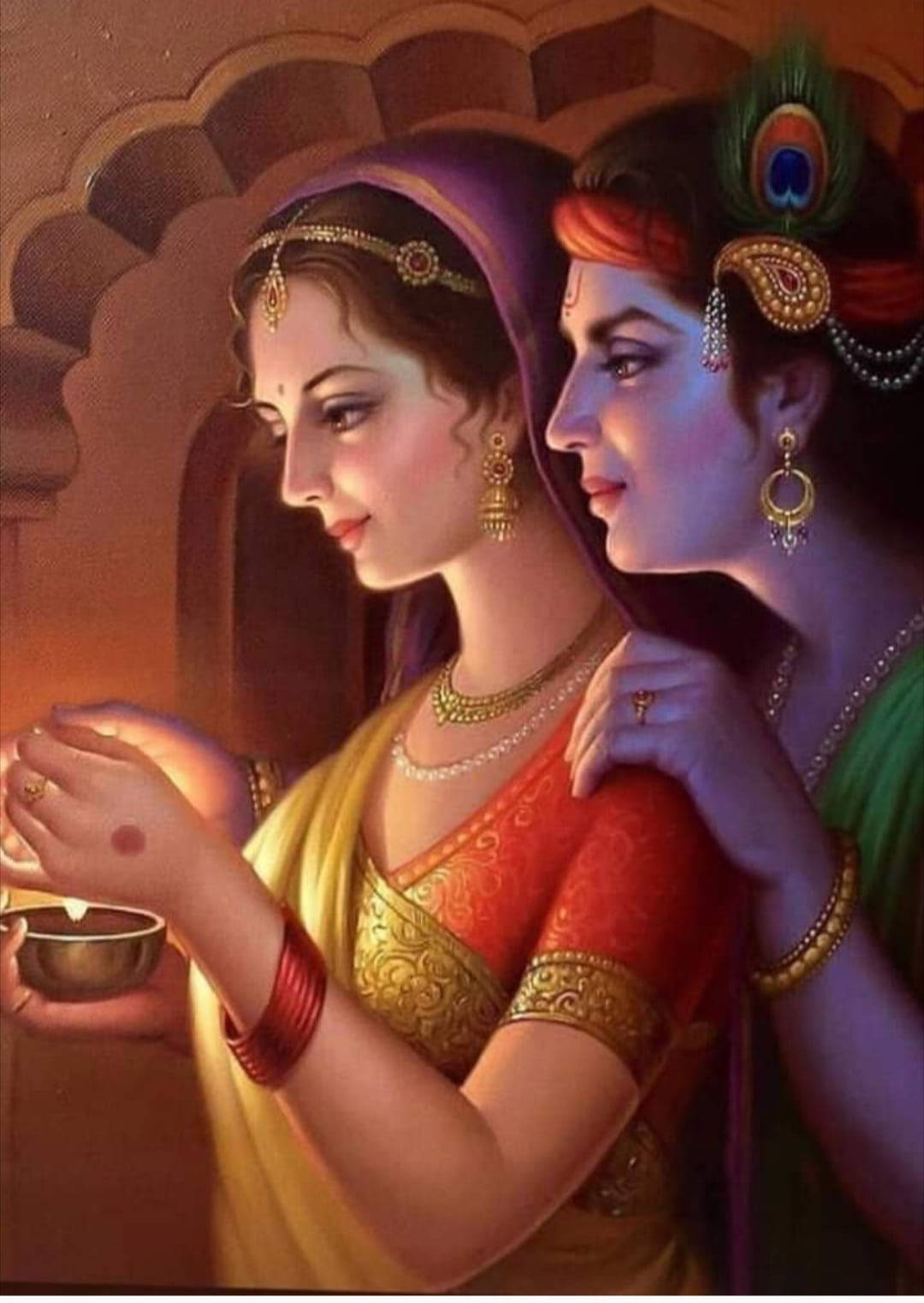 Download Krishna Phone Radha Looking At Candle Wallpaper 