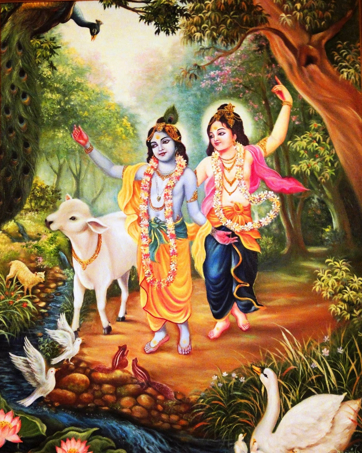 Krishna Phone Radha Che Cammina Nella Foresta Sfondo