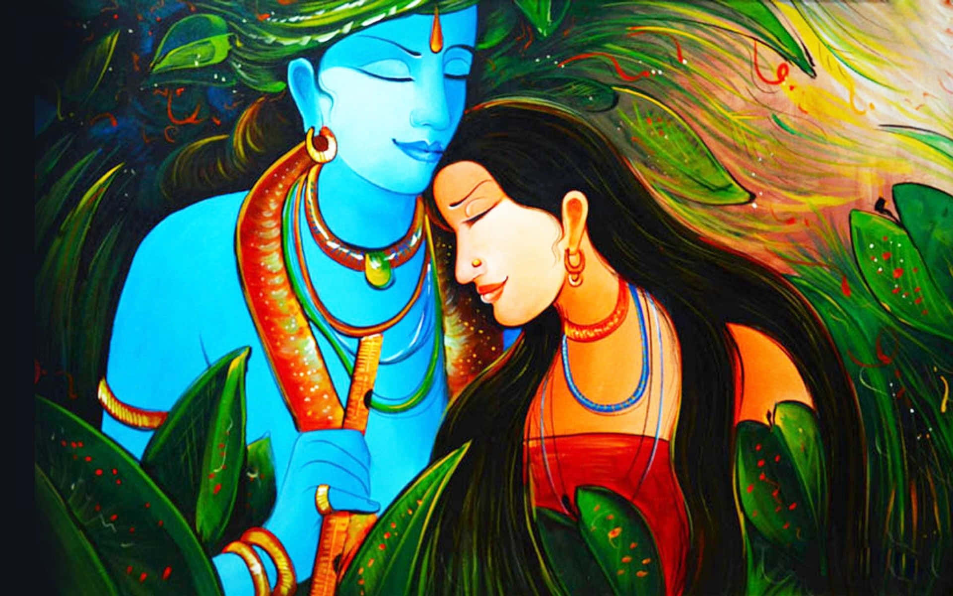 Krishna And Radha Painting With Leaves Picture