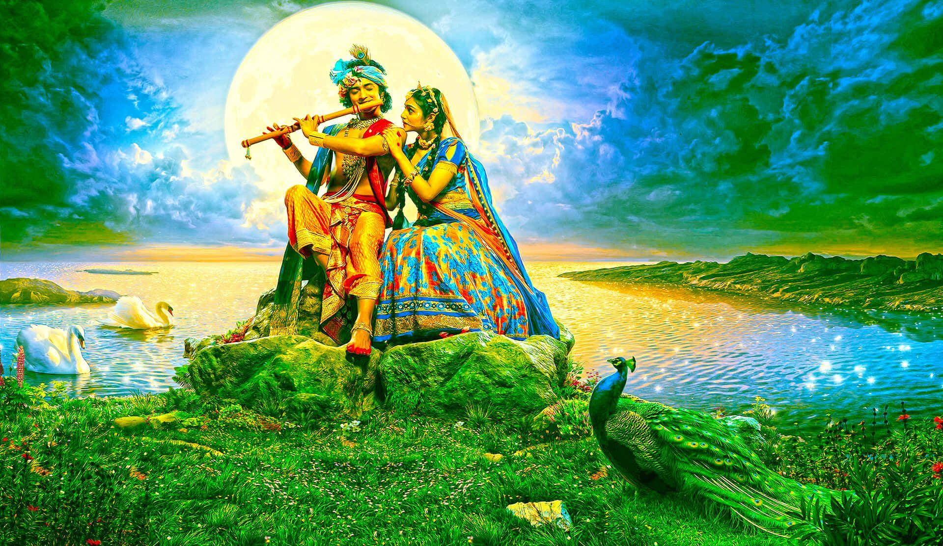 Bildvon Krishna Und Radha Am See Mit Einem Pfau