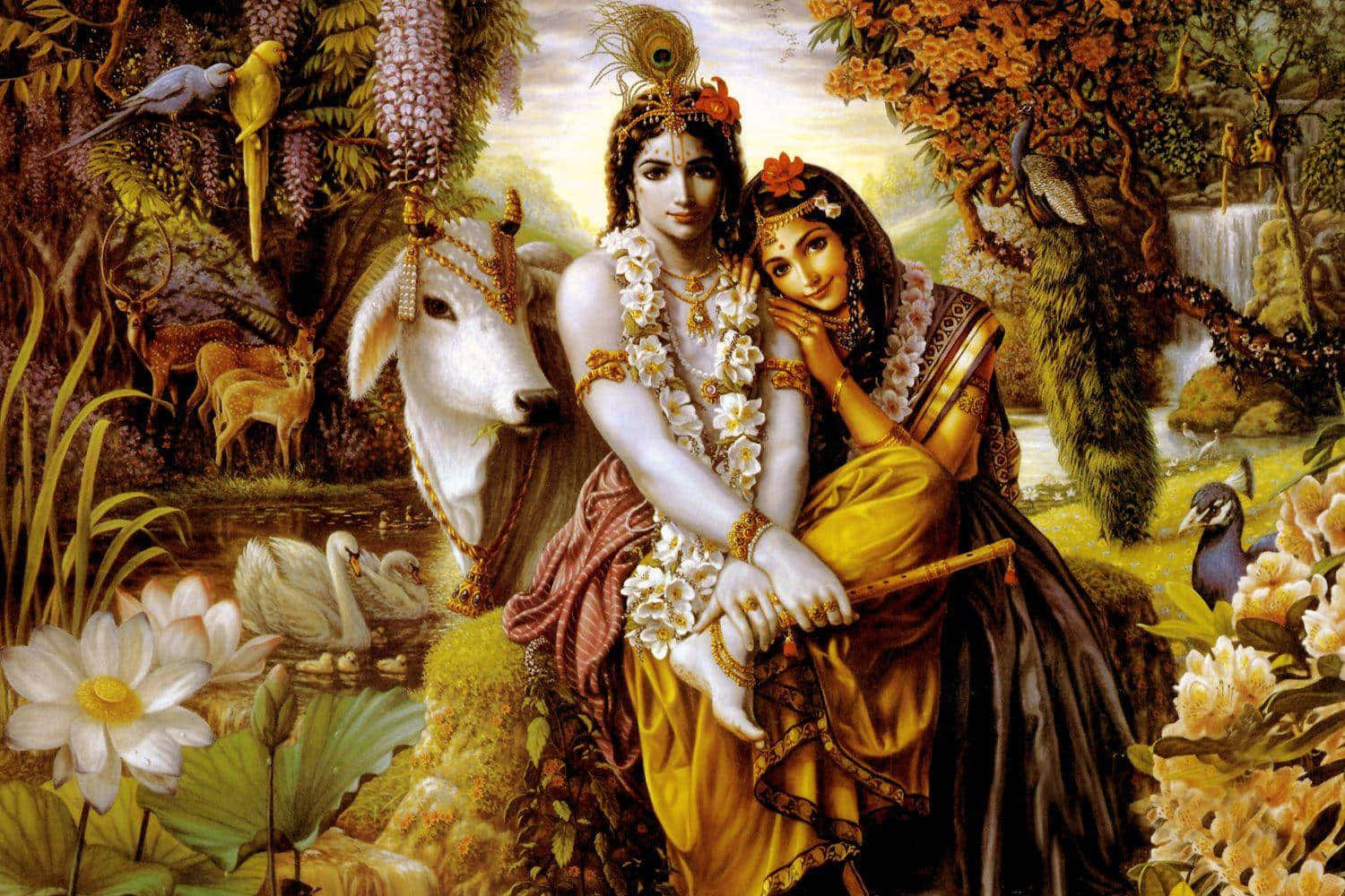 Immaginedi Krishna E Radha Con Piante E Animali.