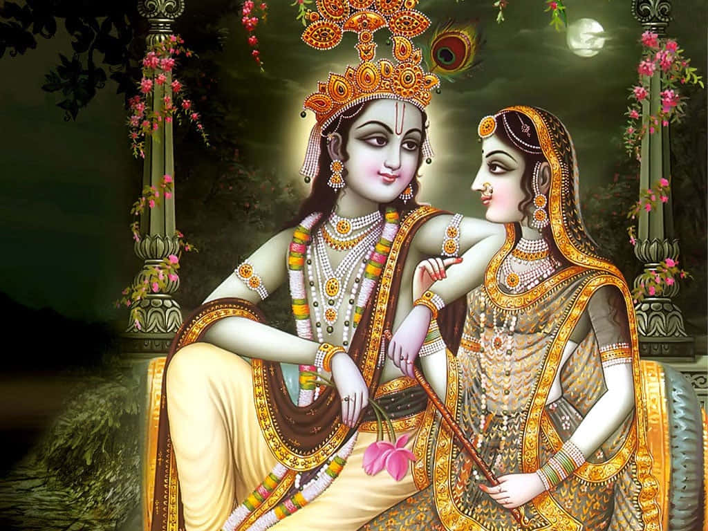 Krishna And Radha In Gold Aesthetic Clothes Picture