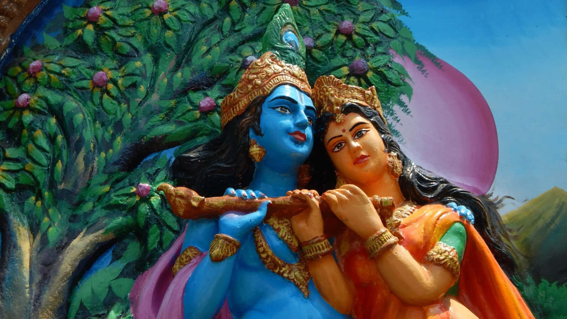 Immaginedel Dipinto Di Un'albero Con La Statua Di Krishna E Radha.