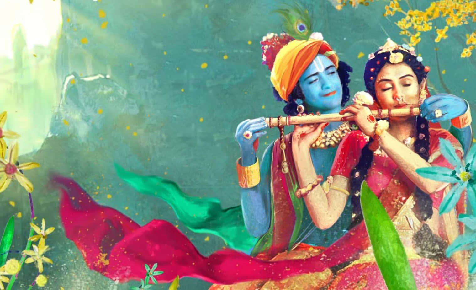 Imagende Krishna Y Radha Tocando La Flauta En El Jardín