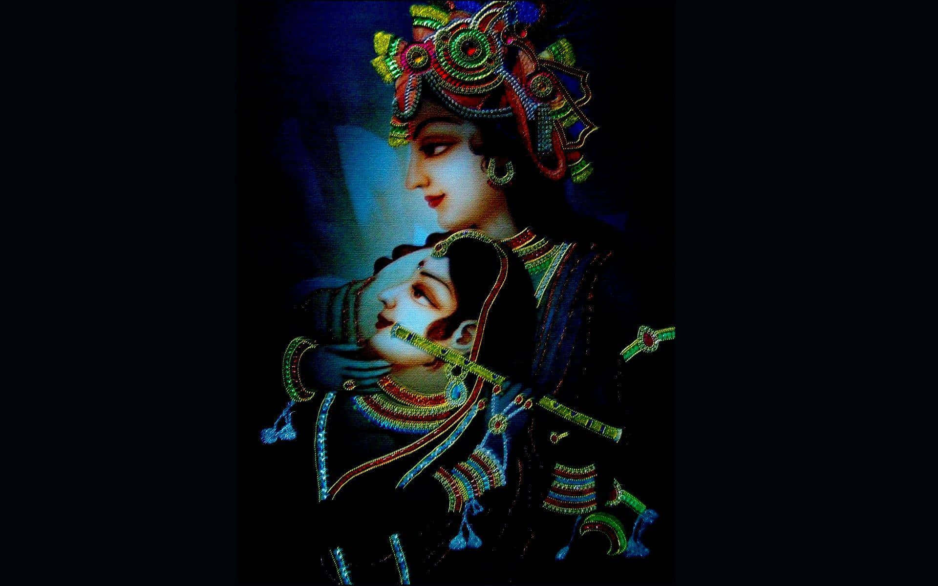 Krishnaog Radha Neonblå Og Sort Billede.