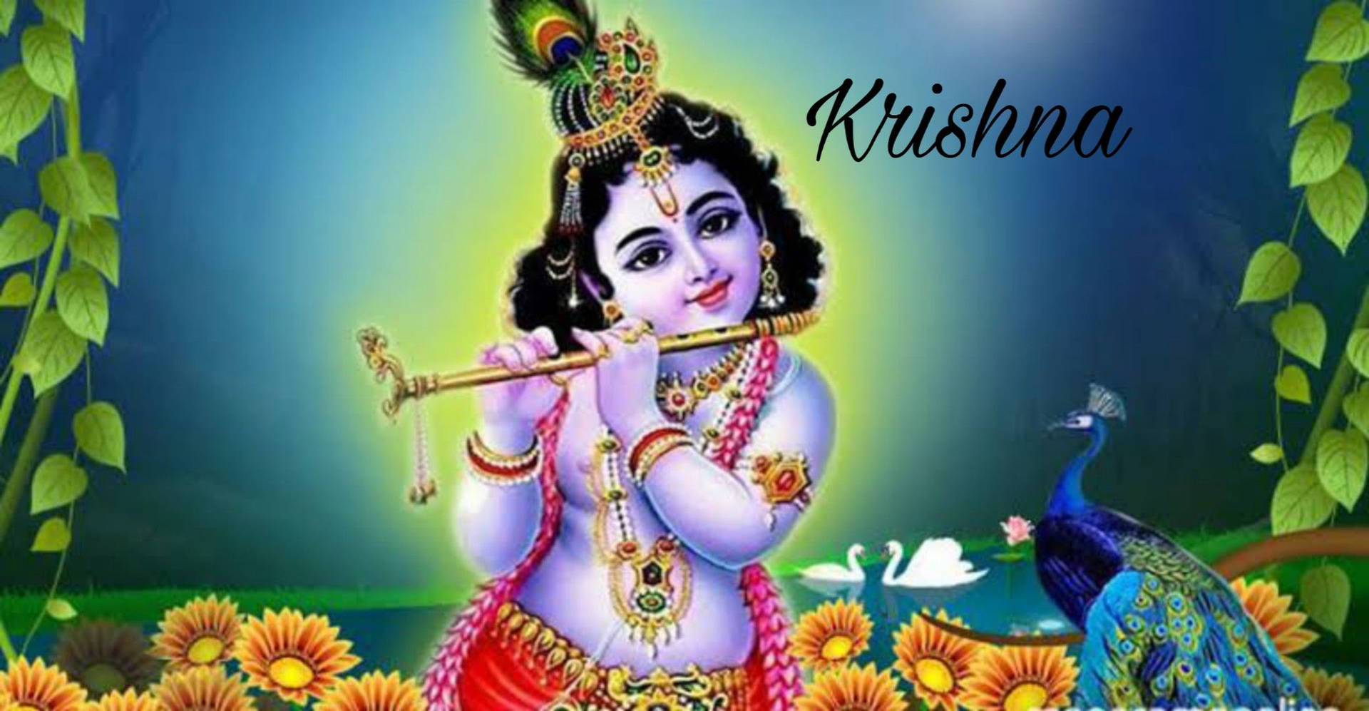 Download Krishna With Flute Drawing Wallpaper 