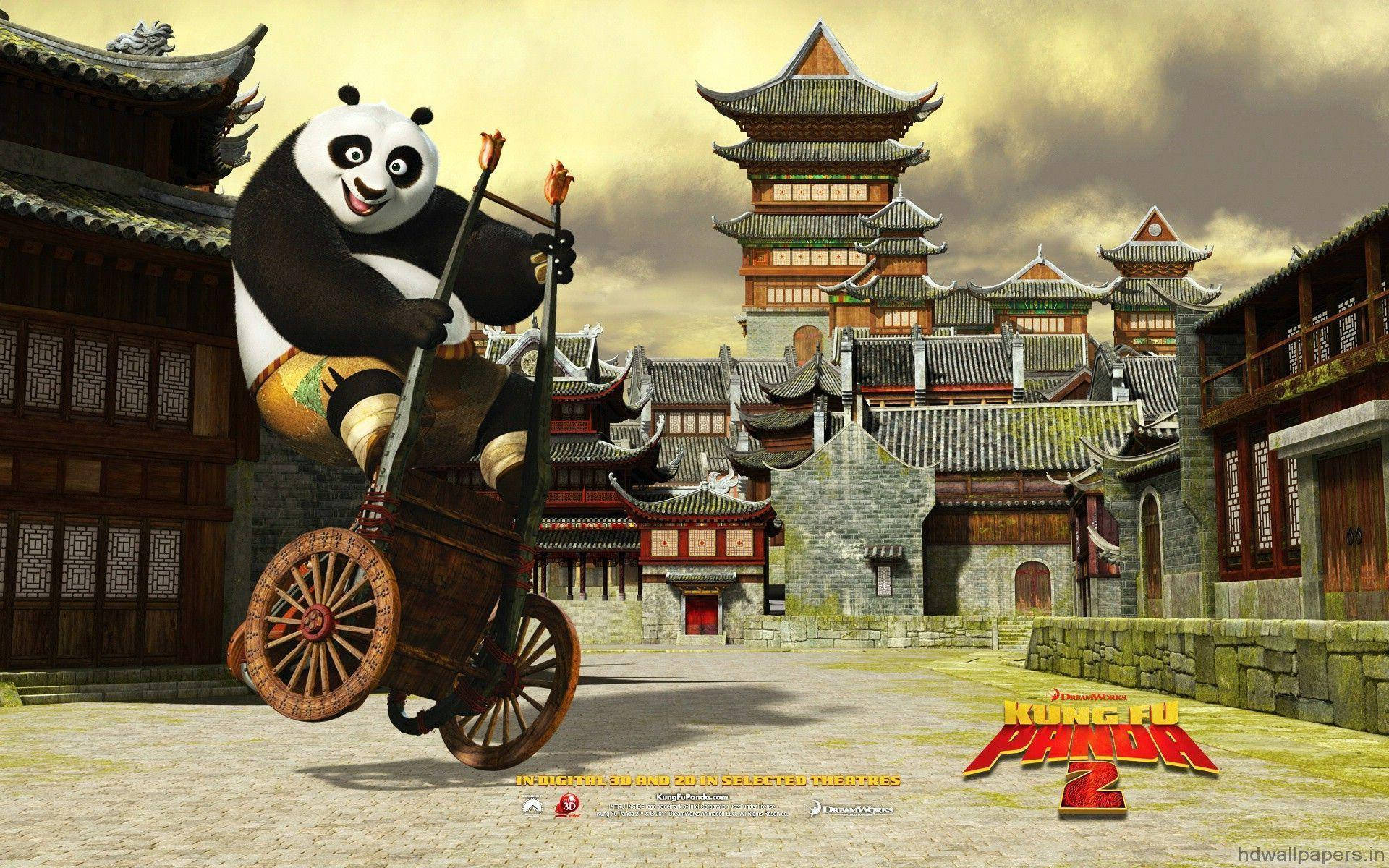 Kung Fu Panda Sliding Around On Wheelbarrow Background