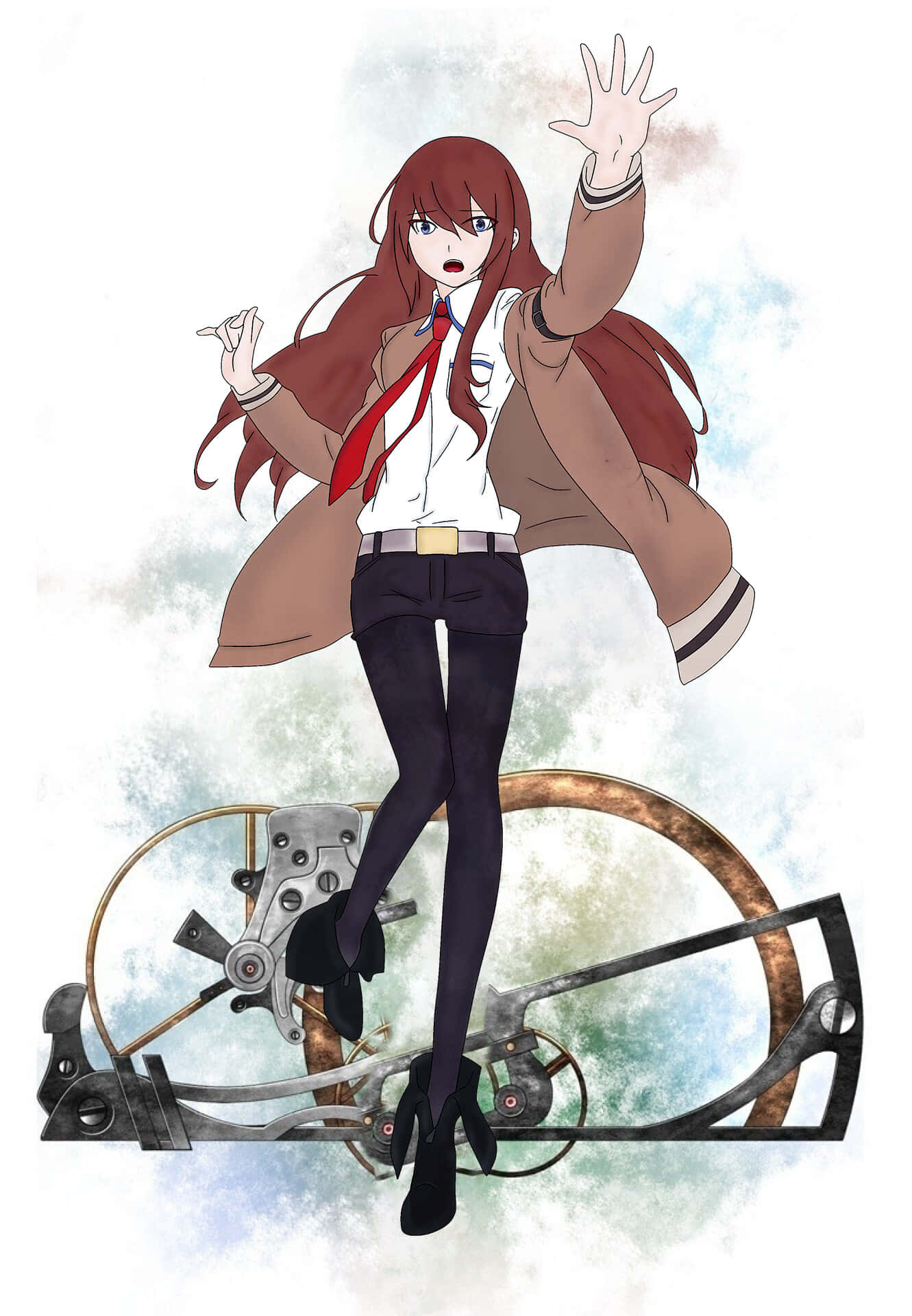 Kurisu Makise standing in a thoughtful pose on a city street Wallpaper
