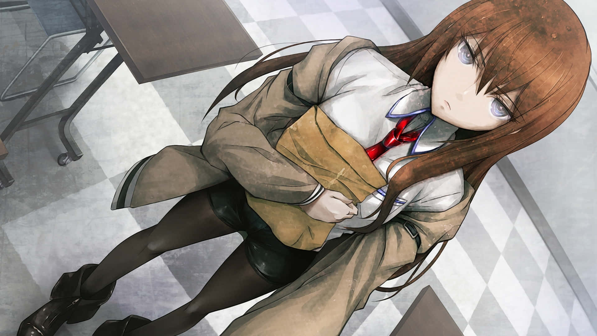 Kurisu Makise standing confidently with a serious expression on her face. Wallpaper