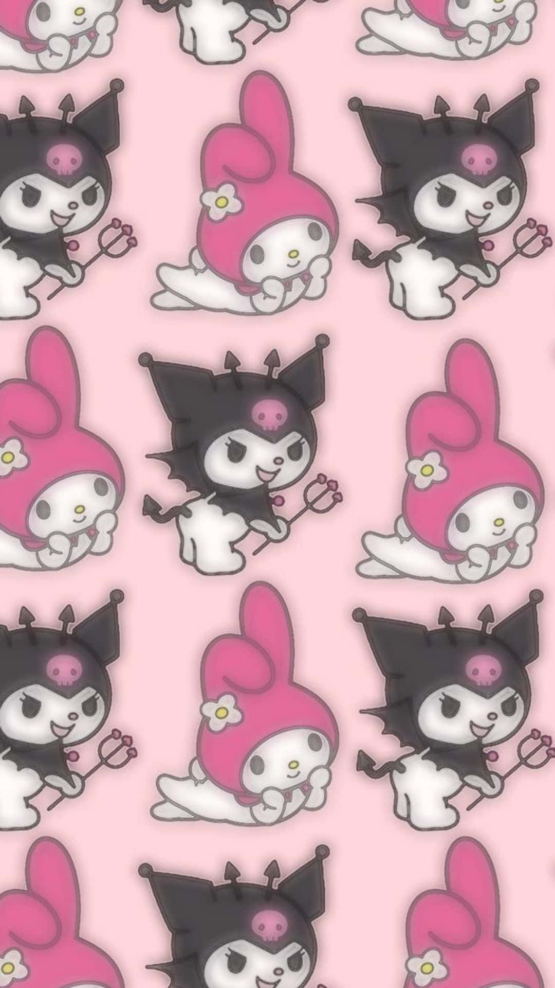 Kuromi and My Melody striking pose together in this cute anime-style wallpaper Wallpaper