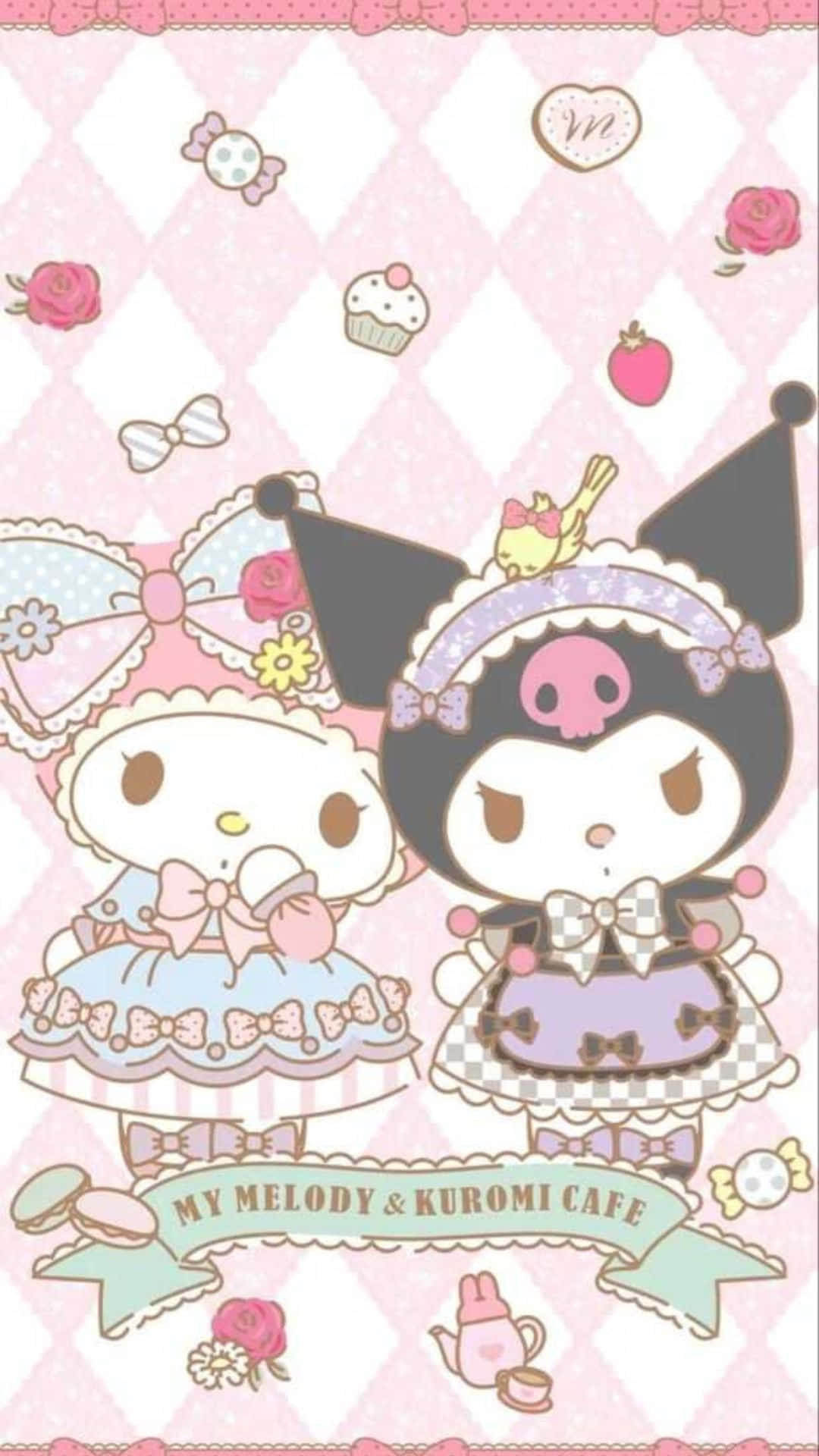 Kuromi and My Melody enjoying a playful moment together Wallpaper