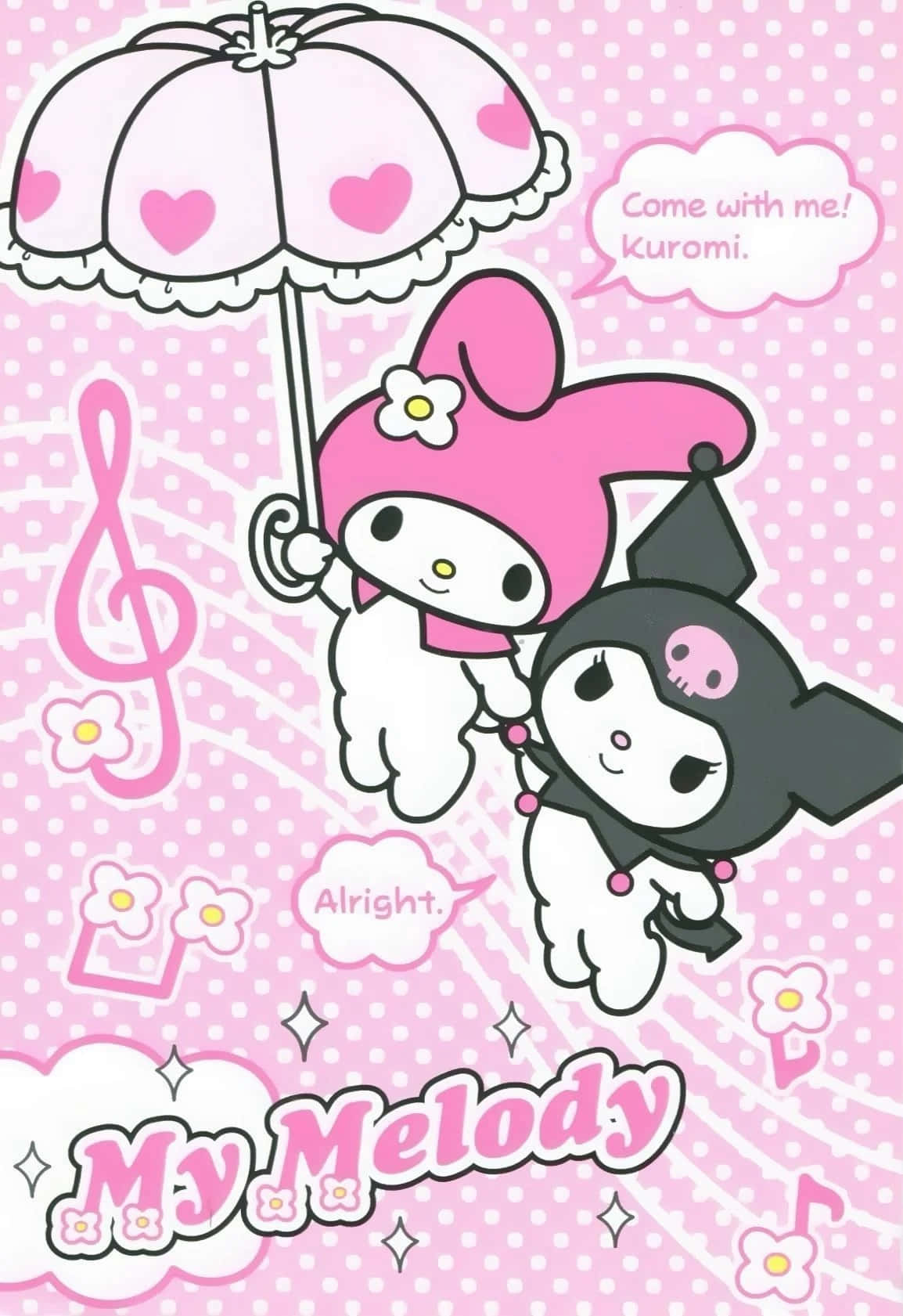 Kuromi and My Melody sharing a moment together Wallpaper