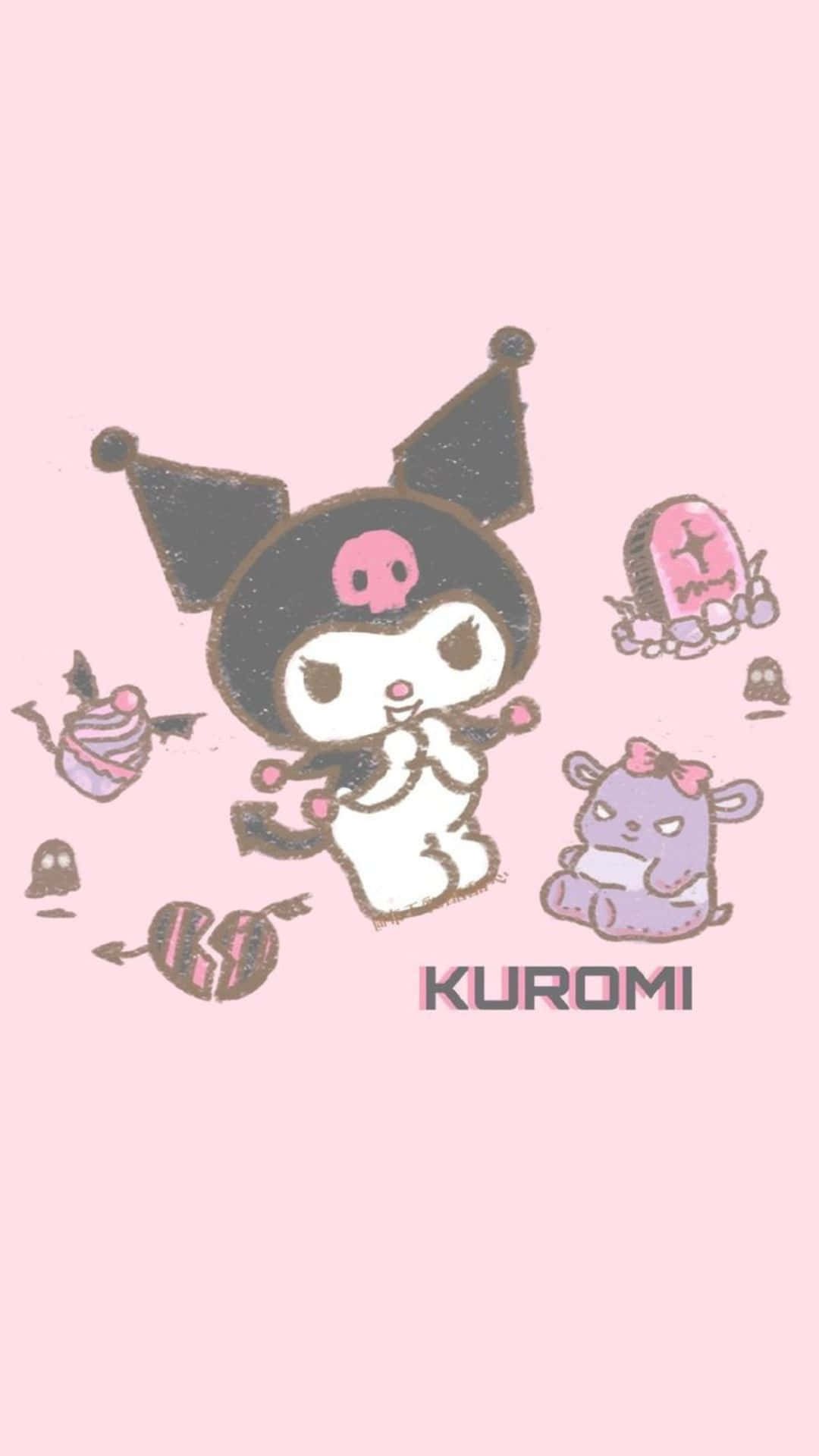 Kuromi Kawaii Zittend Met Stijl Achtergrond