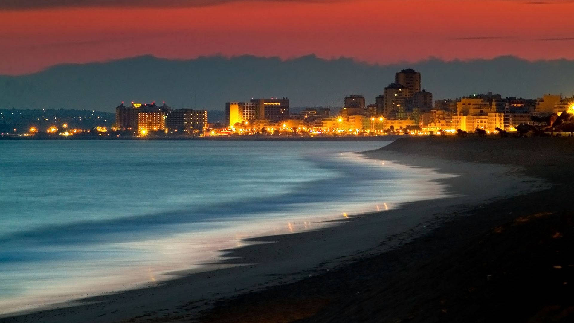 Kusadasi, Turkey, Beach, Night, Building, Light, Ocean