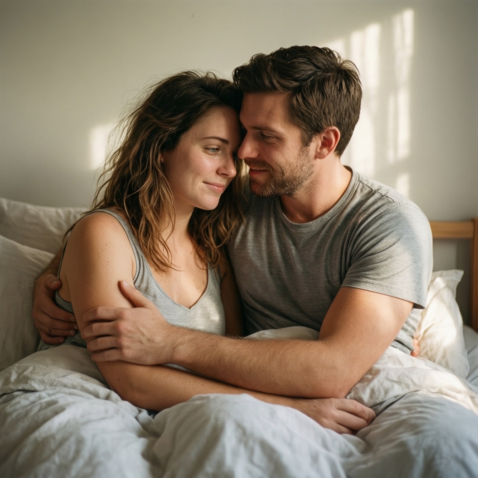 Cuddling in Bed Wallpaper — A couple embraces tenderly in bed as morning sunlight streams through blinds casting soft shadows on the wall behind them.