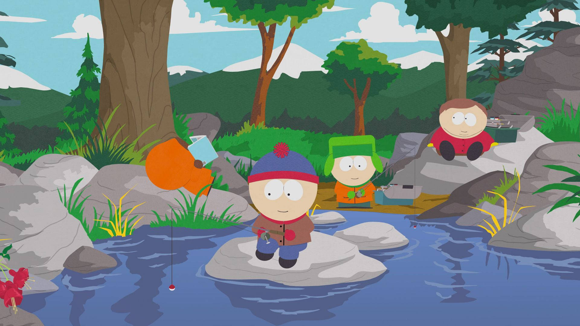 Kyle Broflovski, Eric Cartman, Stan og Kenny ser skræmmende ud på denne tegneserie-tapet. Wallpaper