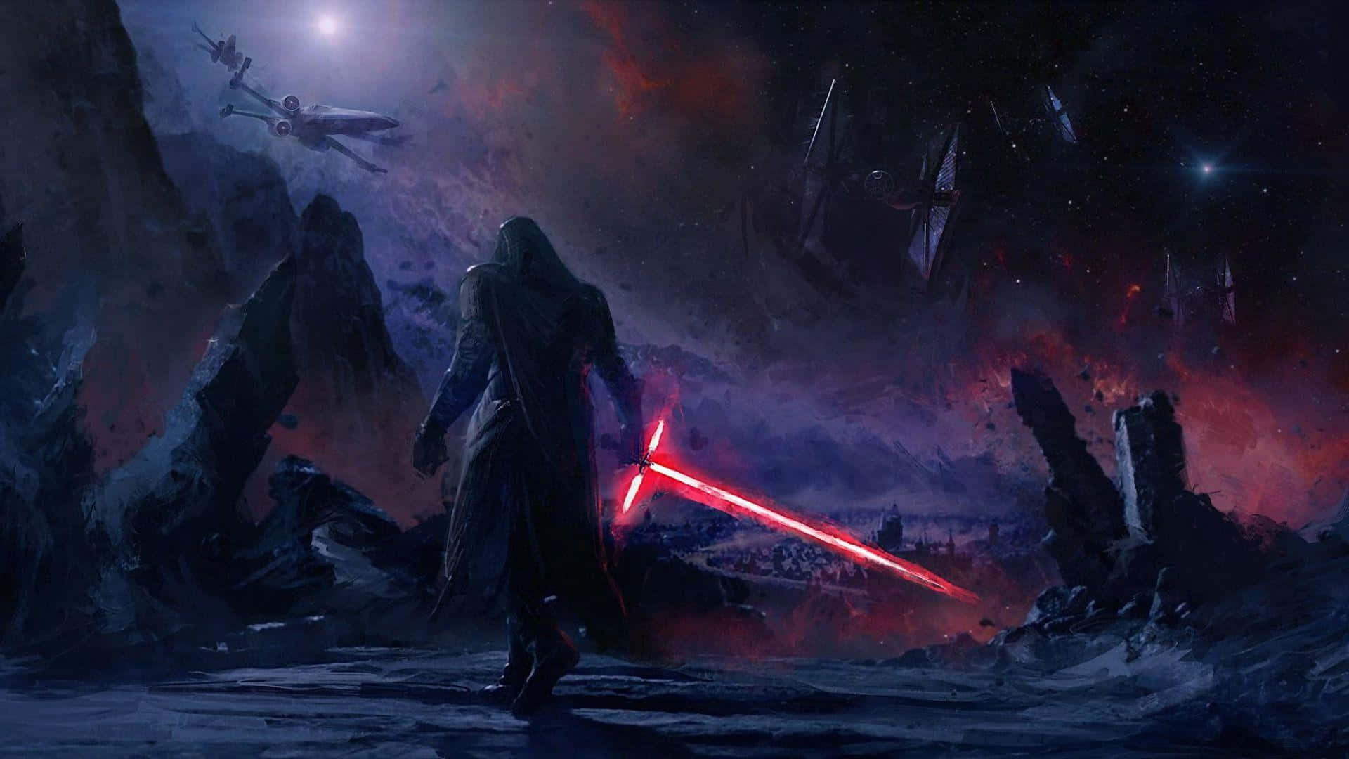 Stærk Kylo Ren omgivet af hans stjerneklare Star Wars baggrund. Wallpaper