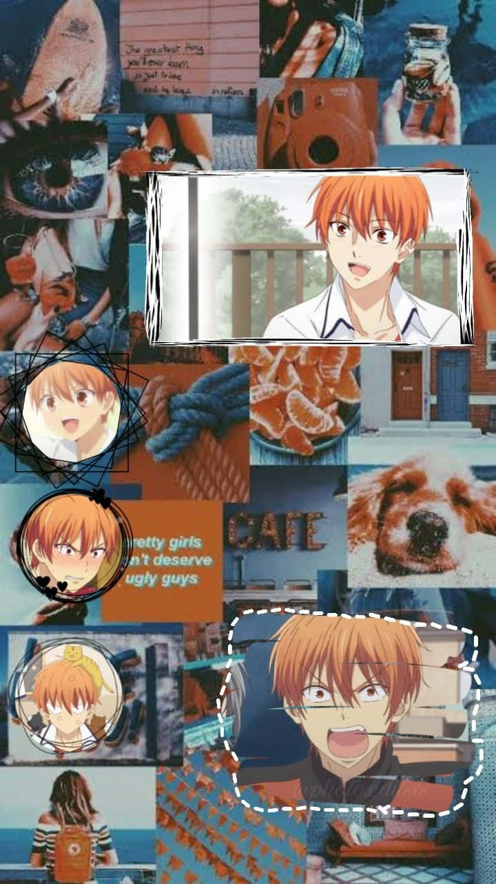 Kyo Sohma Retro-collage Fruits Basket Anime Wallpaper