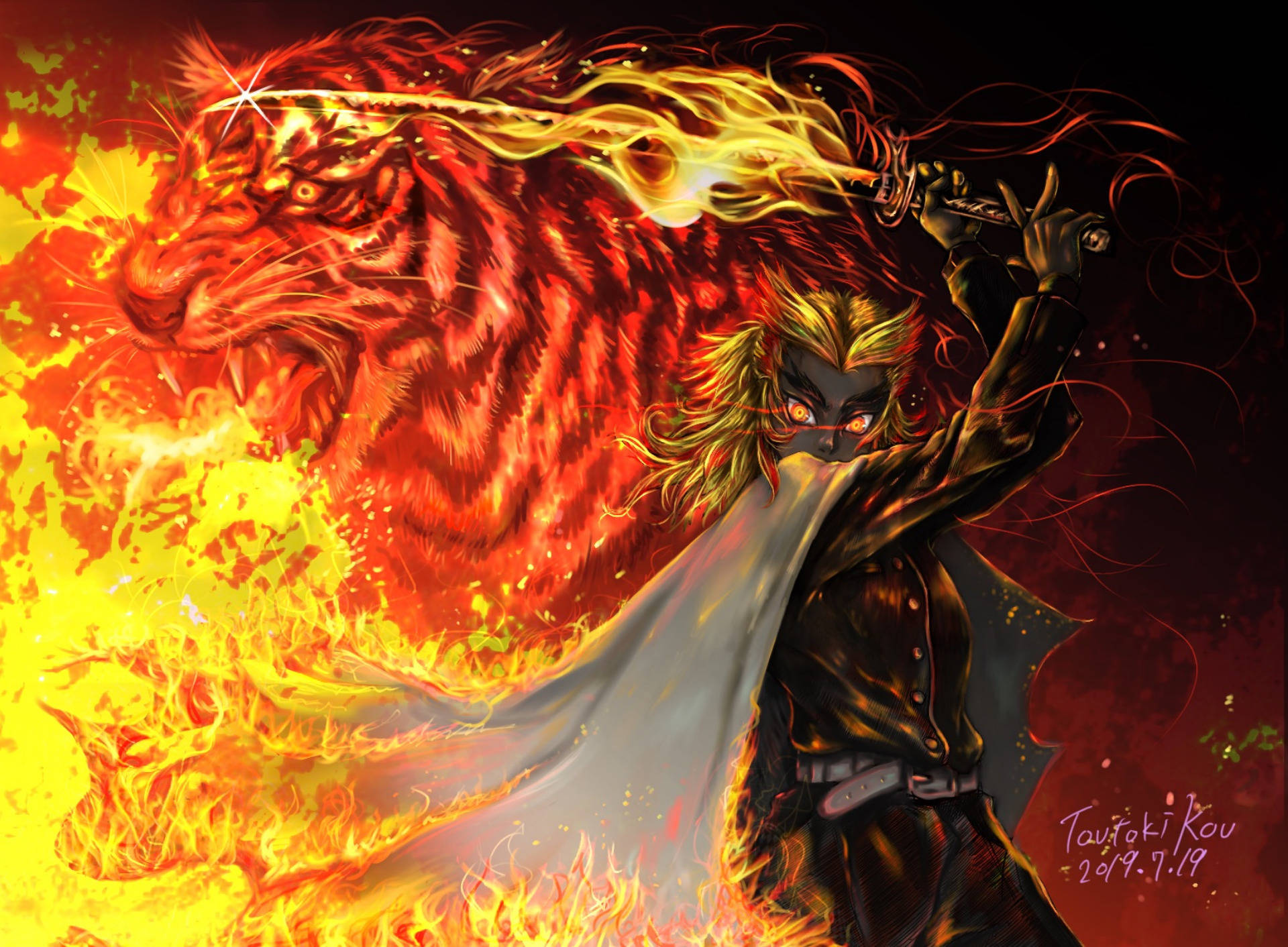 Download Kyojuro Rengoku And Flame Tiger Wallpaper 