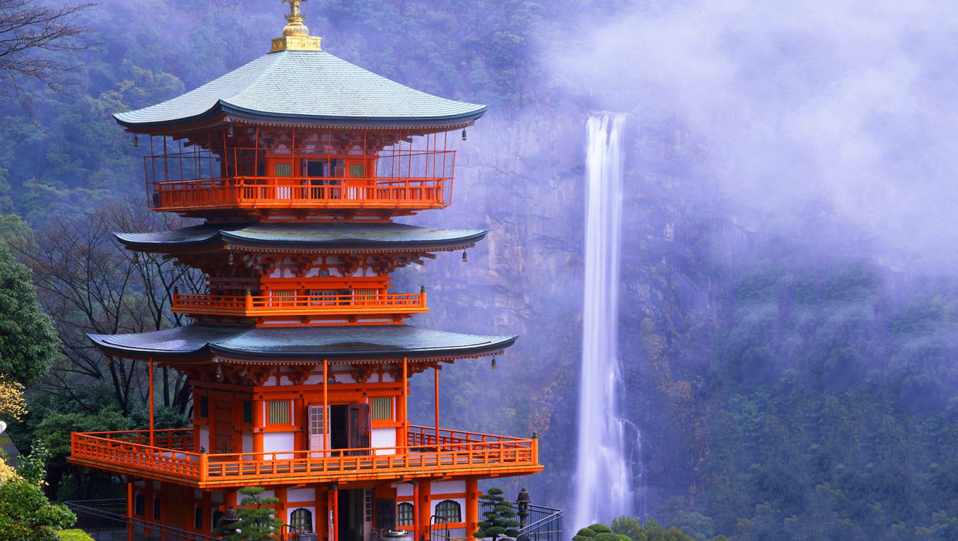 Templovermelho De Kyoto Com Cachoeiras Papel de Parede