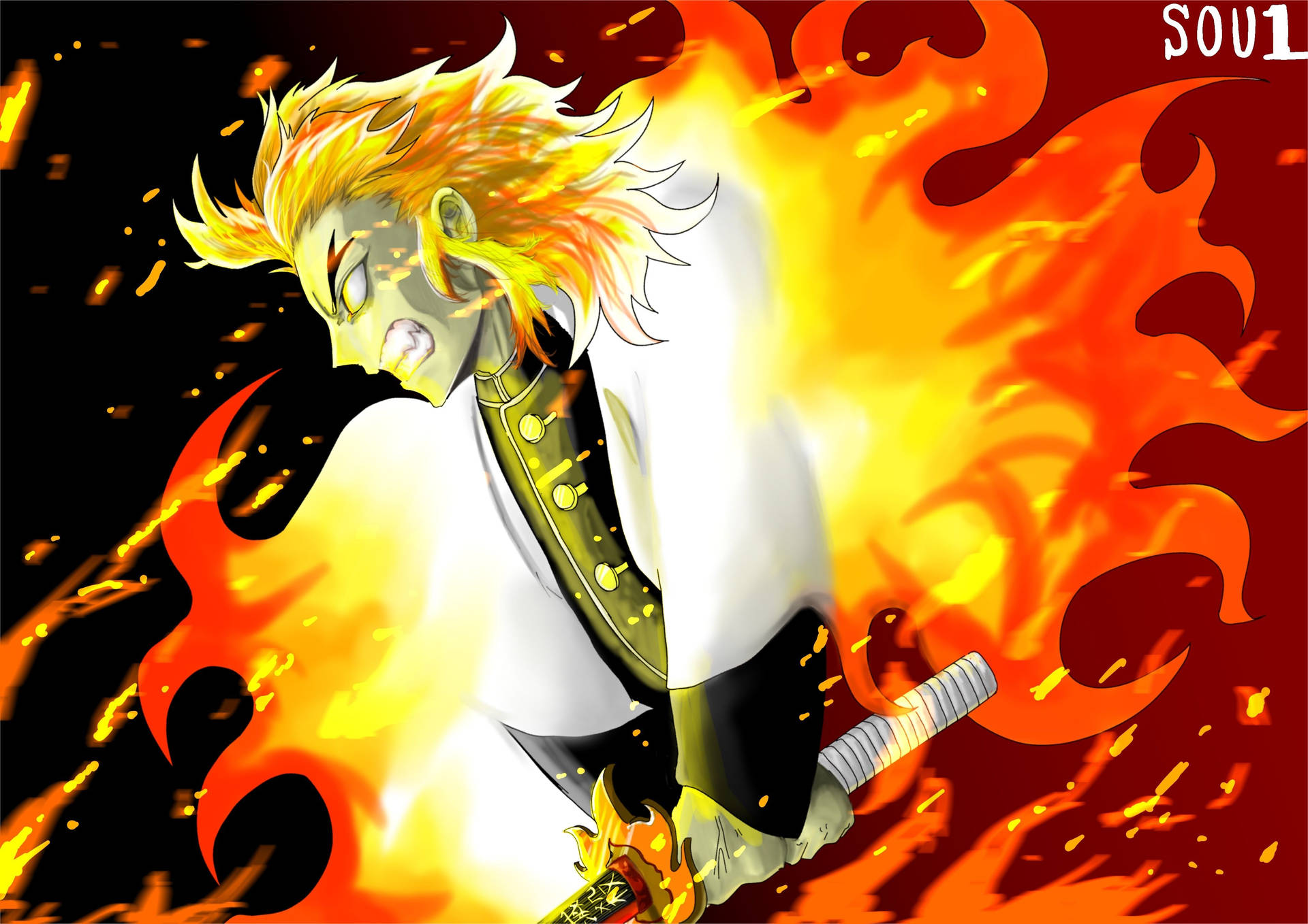 Kyoujurou Rengoku in rage and fire wallpaper.