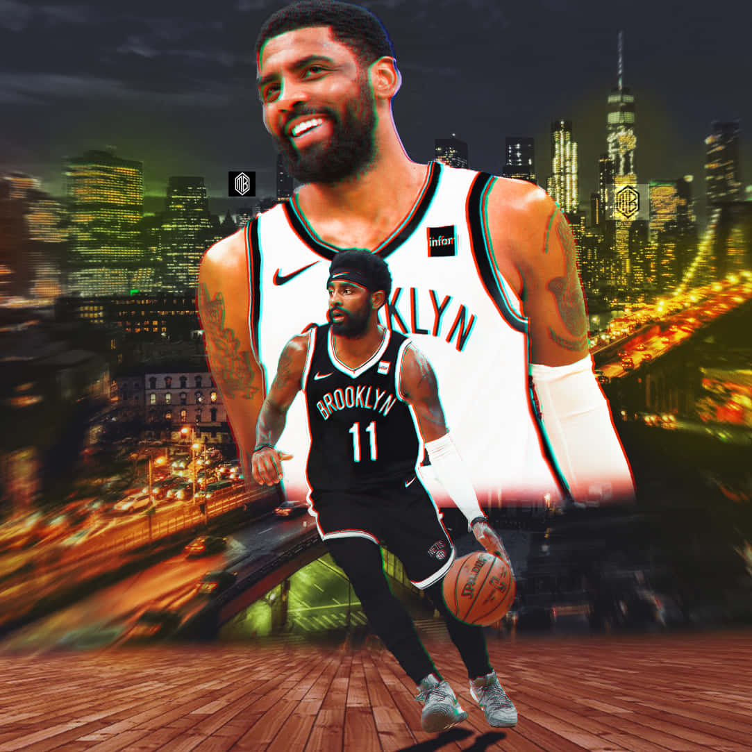 Kyrie Irving dribbles the ball down the court with his Brooklyn Nets teammates Wallpaper