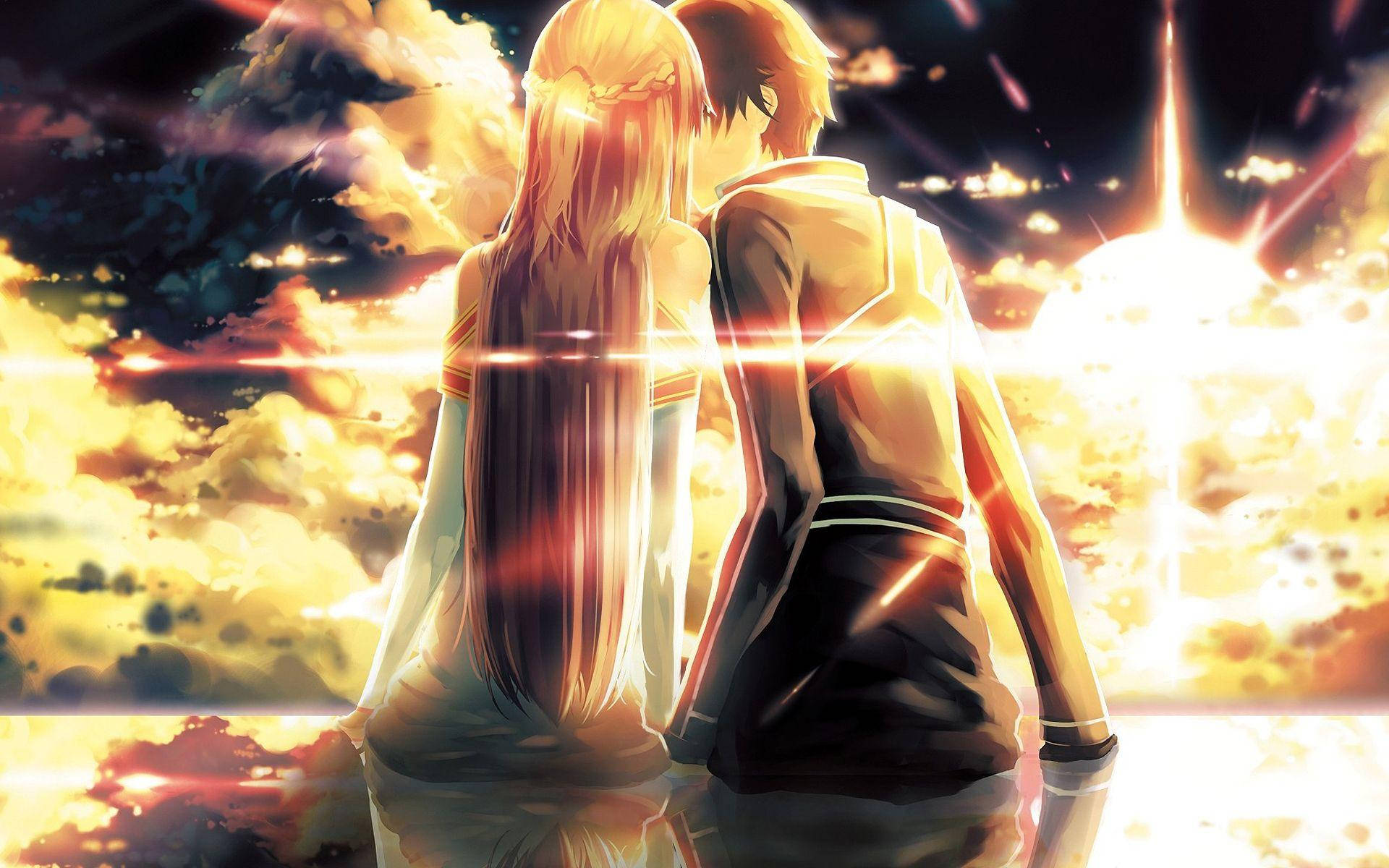 Kysse Under Gylden Solnedgang Kærlighed Anime Wallpaper