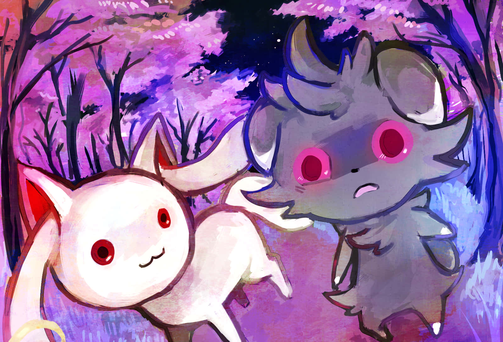 Kyubey And Espurr In A Park Wallpaper