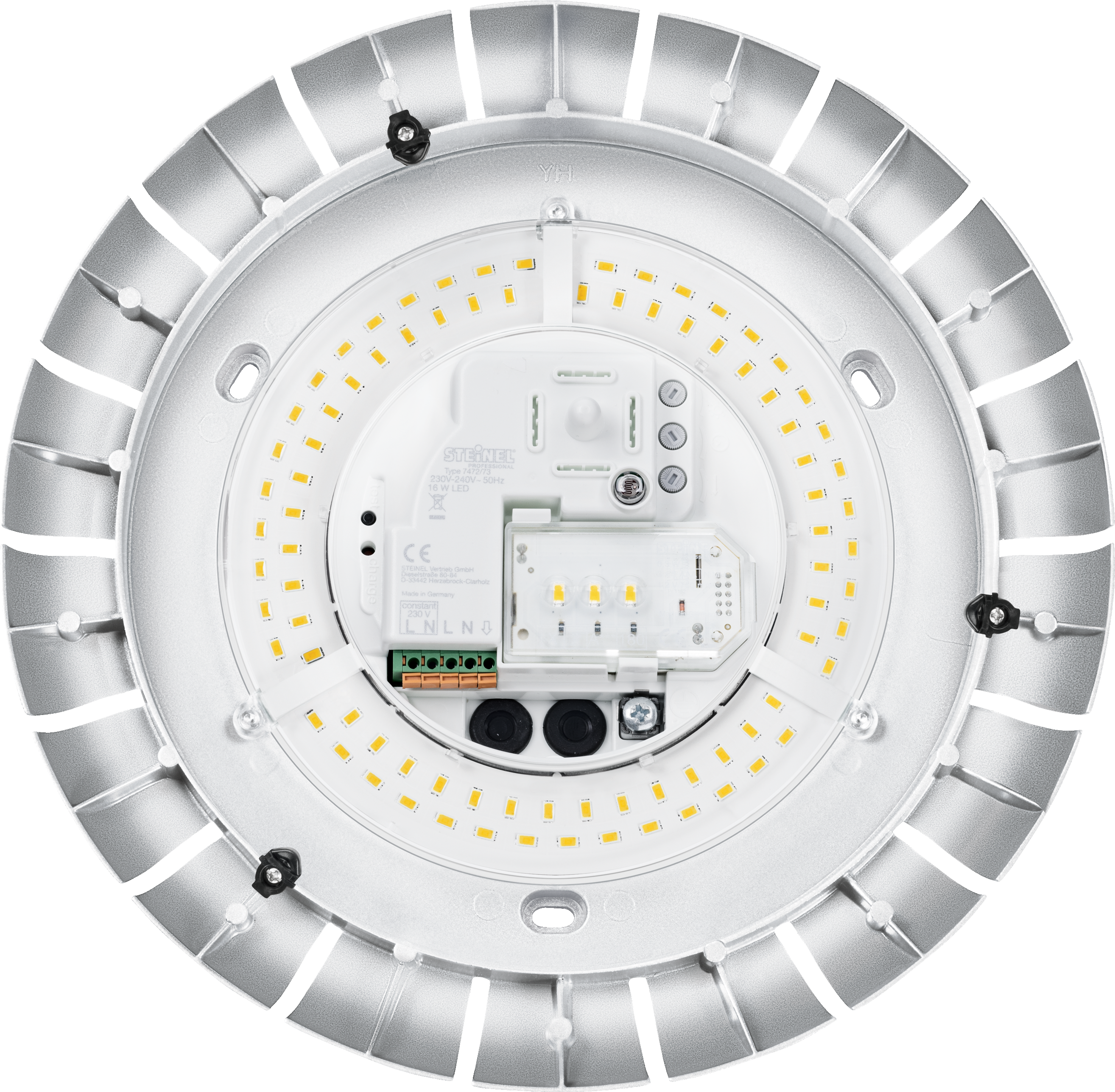 L E D Ceiling Light Component View PNG — Top view of a circular LED light fixture showing internal circuitry and array of yellow LEDs against black background.