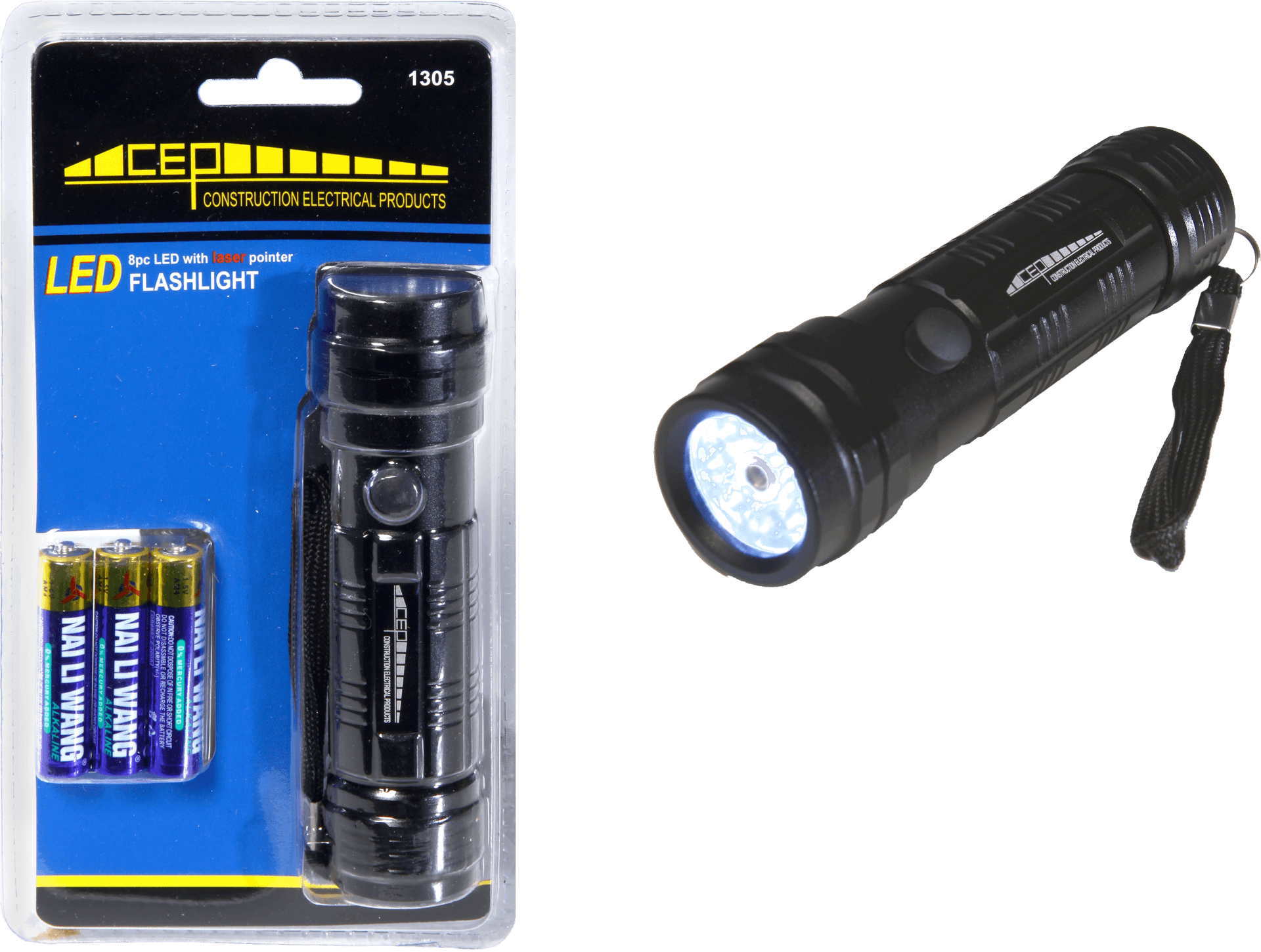 L E D Flashlightwith Batteriesand Packaging PNG