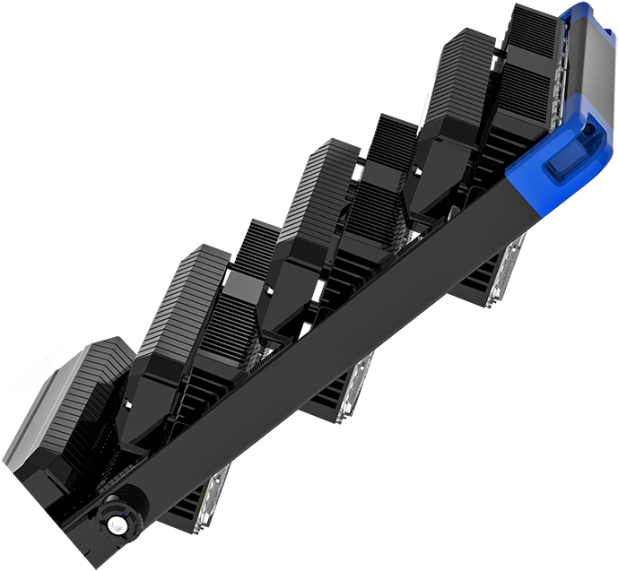 L E D Stadium Lights Array PNG — A sleek black computer graphics card with blue accents and stacked cooling fins angled diagonally against a black background.