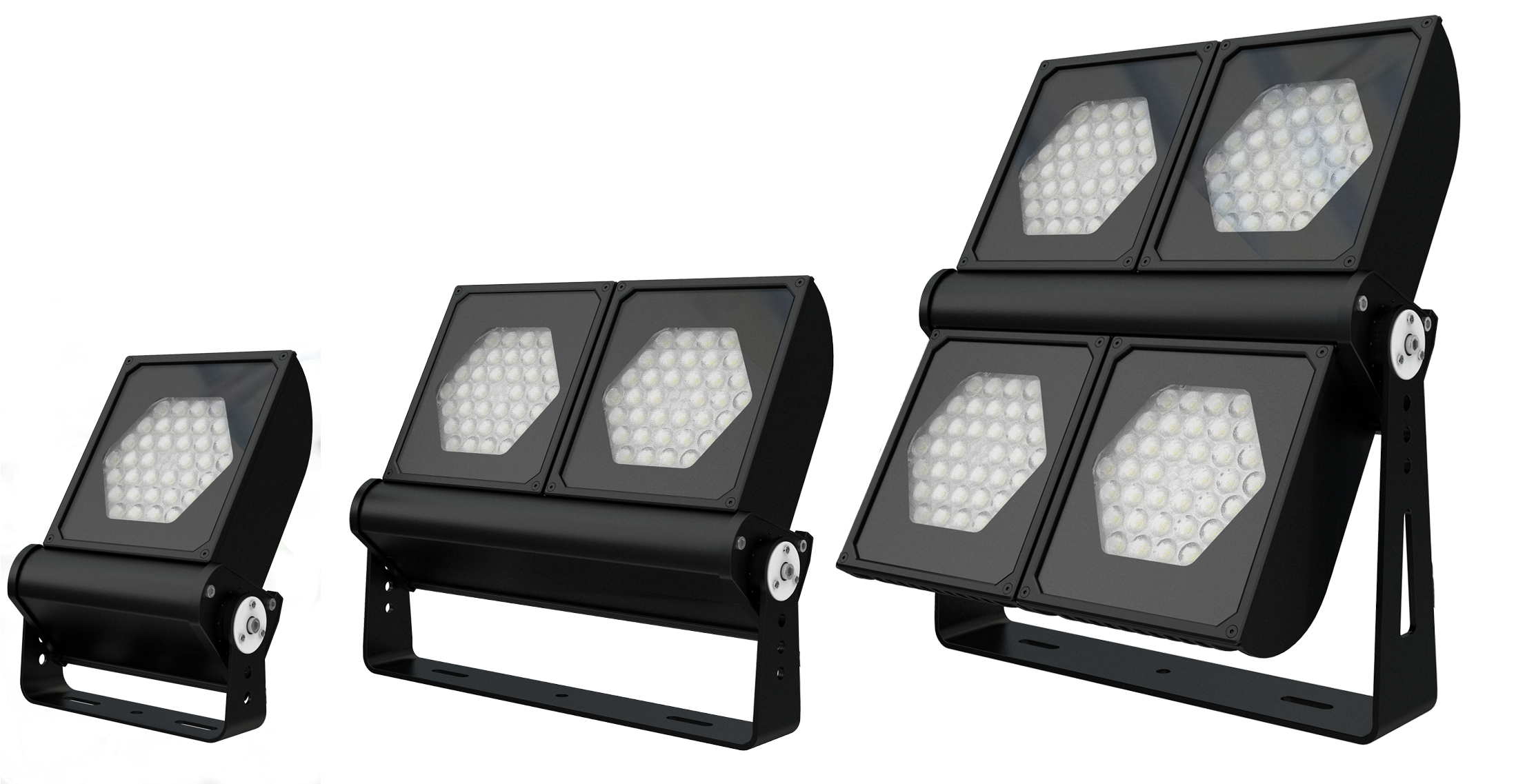 L E D Stadium Lights Array PNG — Three black LED floodlights with hexagonal arrays of bright white bulbs stand against a stark black background with colorful abstract splashes at the base.