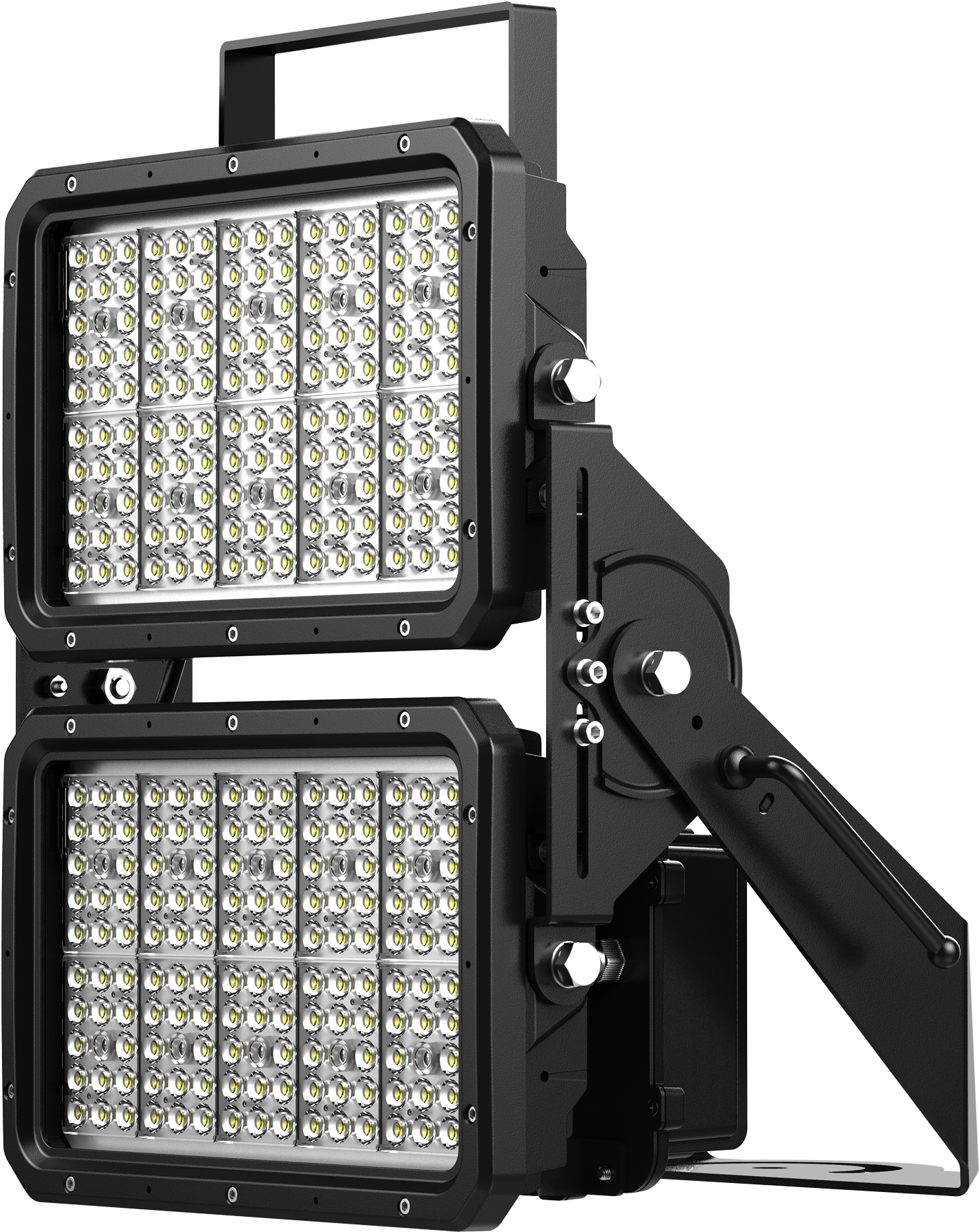 L E D Stadium Lights Array PNG — Two black industrial LED floodlights with adjustable arms and visible screws against a stark white background.