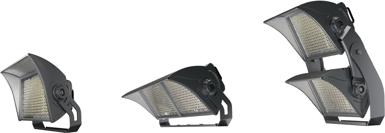 L E D Stadium Lights Array PNG — Three industrial LED floodlights shown in different angles against a black background.
