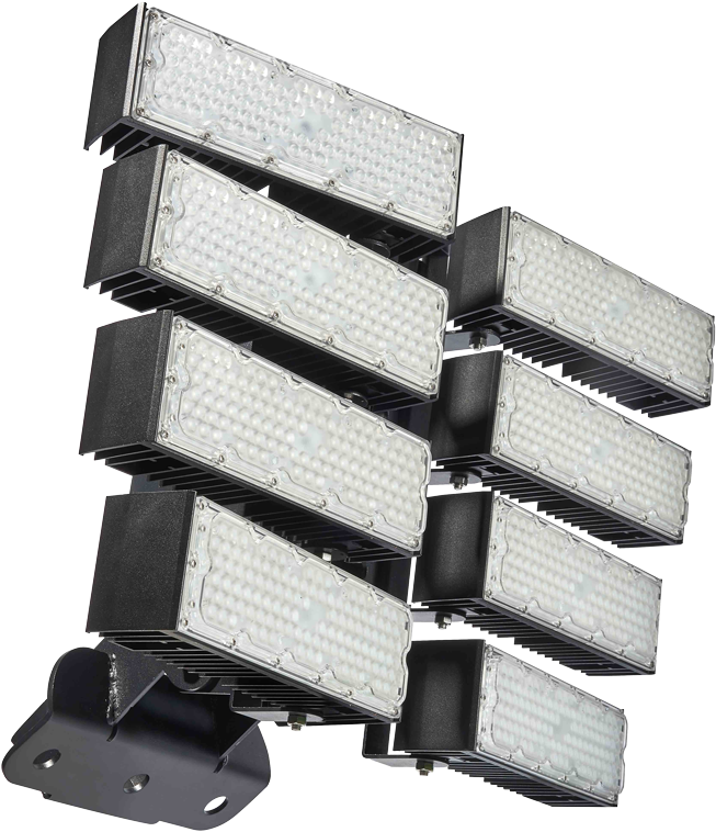 L E D Stadium Lights Array PNG — Array of industrial LED floodlights with black housings and bright white panels arranged in a staggered cluster against a stark black background.